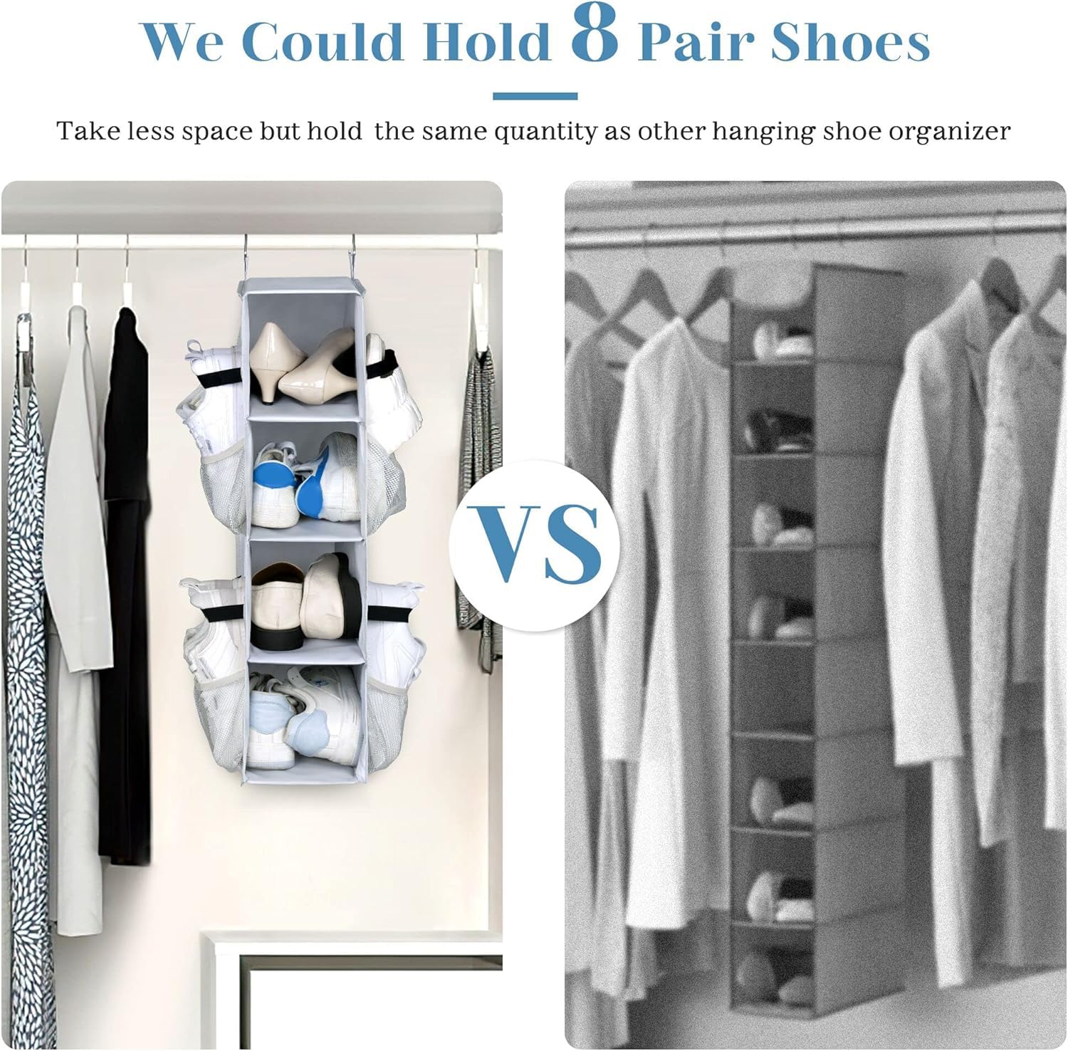SLEEPING LAMB Short Hanging Shoe Organizer for Closet Storage with Mesh Side Pockets Holds 8 Pairs, Hanging Shoe Rack Hanger RV, Camper, Black