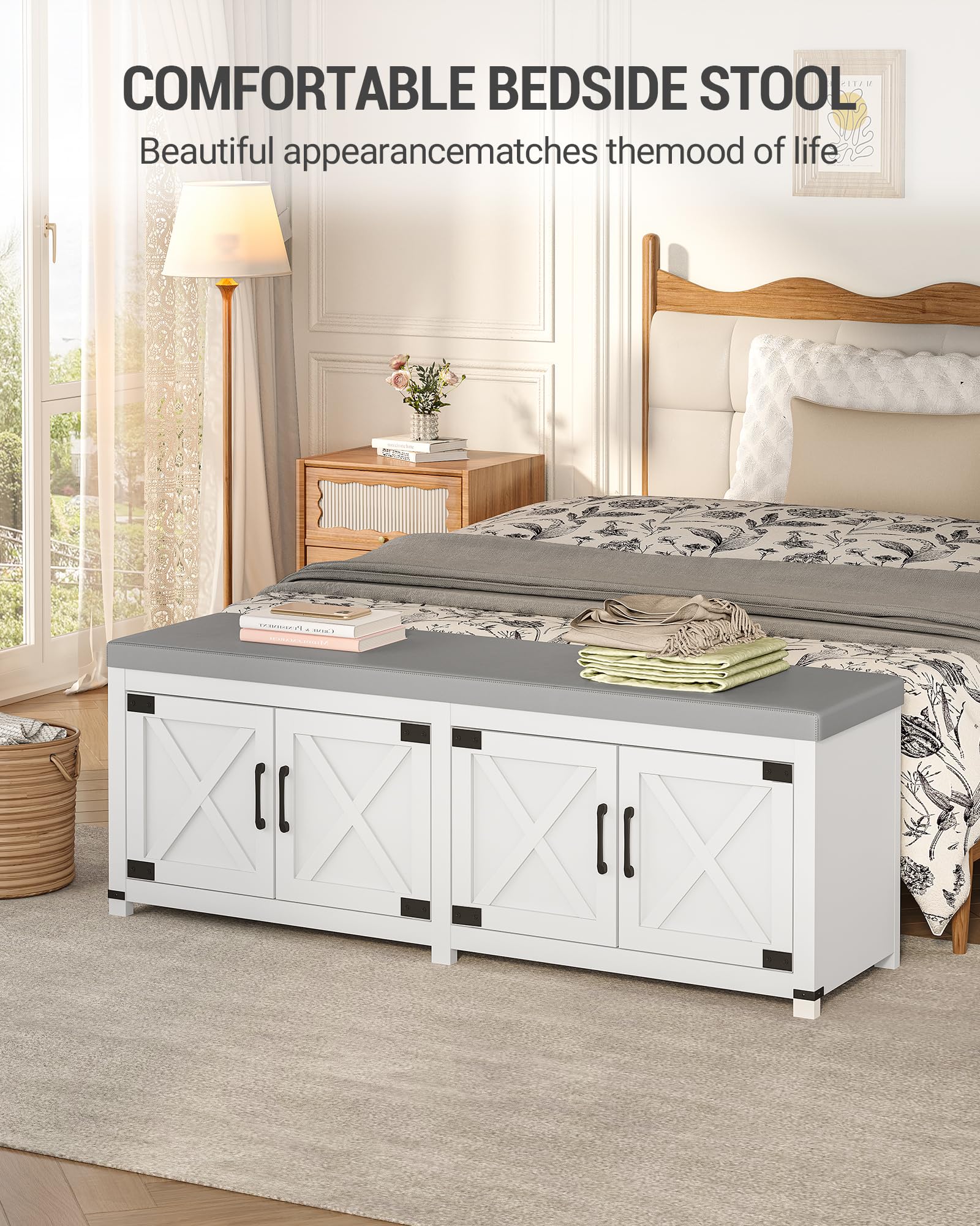 Hzuaneri Shoe Storage Bench, 2 Tier Shoe Bench with Padded Seat Cushion & 2 Barn Doors, Entryway Bench with Adjustable Shelf, Farmhouse Shoe Cabinet for Living Room, Bedroom, Antique White SB26214KA