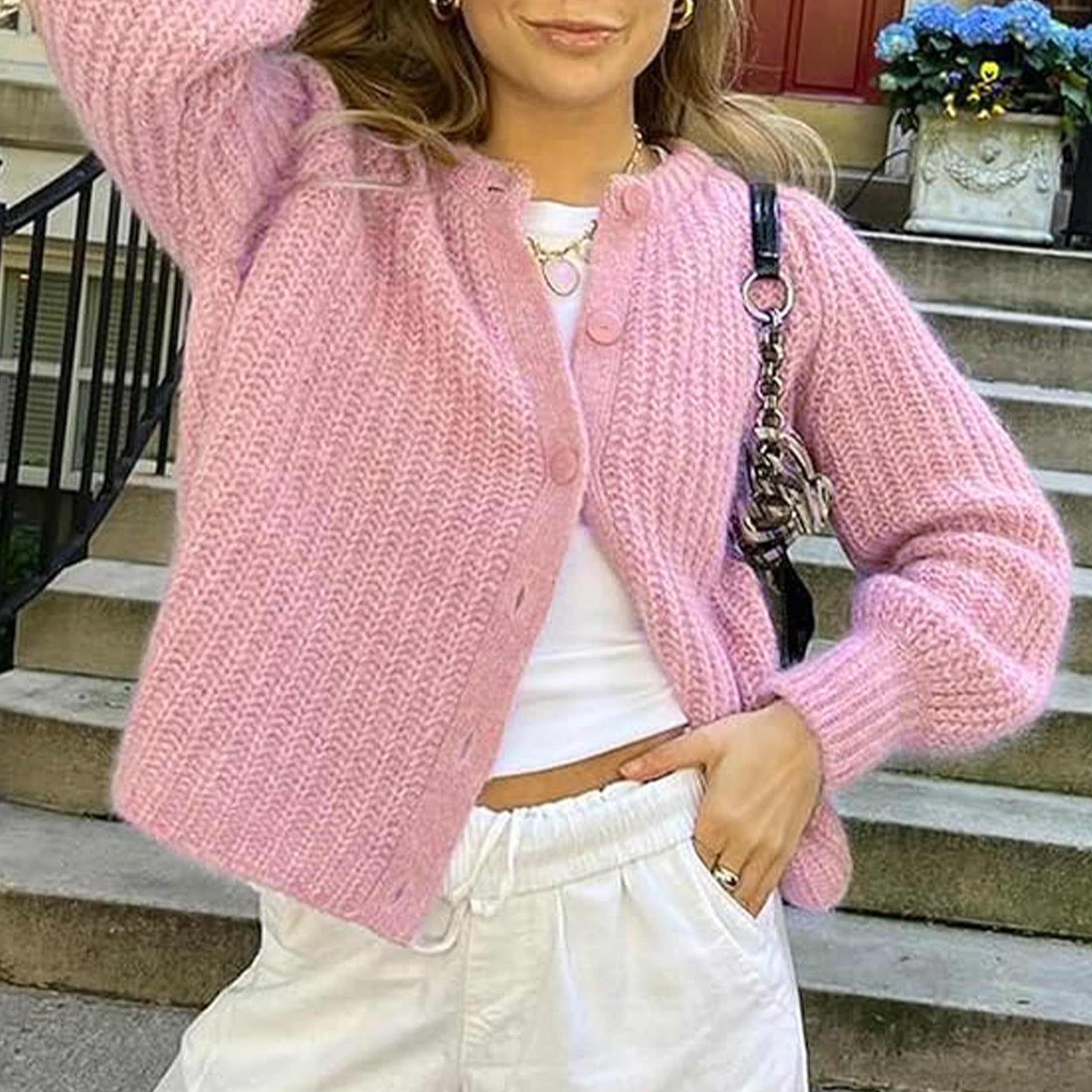 Hixiaohe Cardigan Sweater for Women Long Sleeve Button Y2K Chunky Knit Sweater Fall Casual Open Front Outwear Knitwear Coat