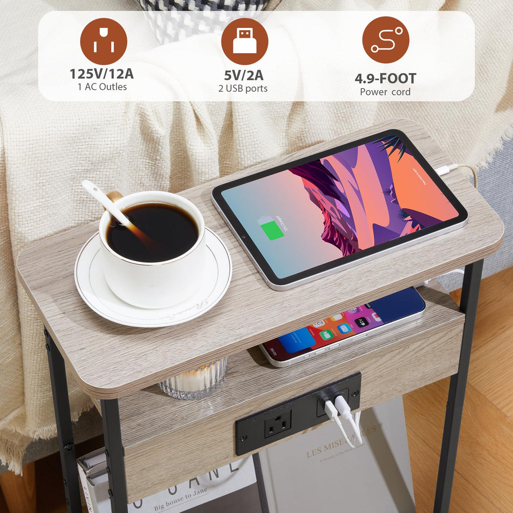 YEAKOO Narrow Side Table with Charging Station, 3-Tier End Table with 2 USB Ports & Power Outlets,Thin Sofa Side Table for Narrow and Small Spaces, Bedside Table Nightstand for Living Room,Black