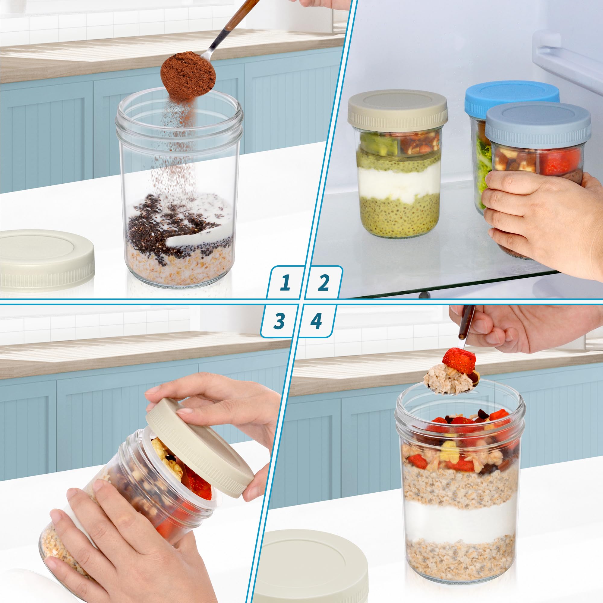 Xyptorix 16 oz Overnight Oats Containers with Airtight Lids - 2-Pack Leak-Proof Wide Mouth Mason Jars & Divided Cups for Dried and Wet Foods, Glass Jars for Chia Pudding, Salad, Snacks, and Yogurt