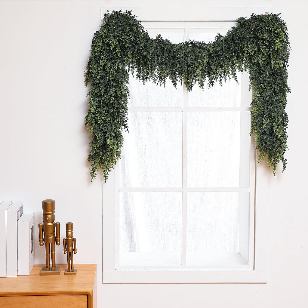 Waydress 1 Pcs 6 Feet Christmas Cedar Garland - Thick & Lush Realistic Artificial Green Faux Cedar Pine Needles Garland for Christmas Winter Home Mantel Fireplace Holiday Party Decor