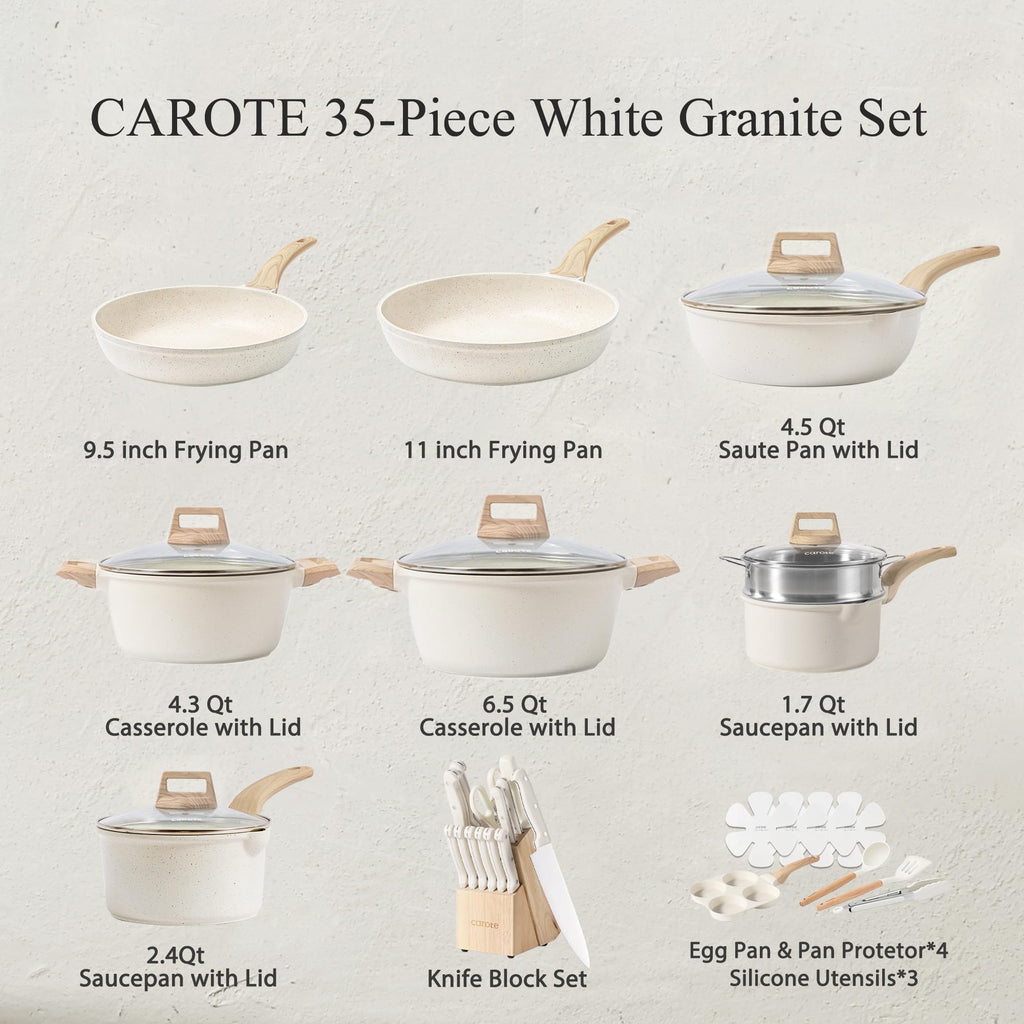 CAROTE 21pcs Pots and Pans Set Nonstick, Cookware Set Black Induction Kitchen Cooking Set w/Frying Pans & Saucepans(PFOS, PFOA Free)