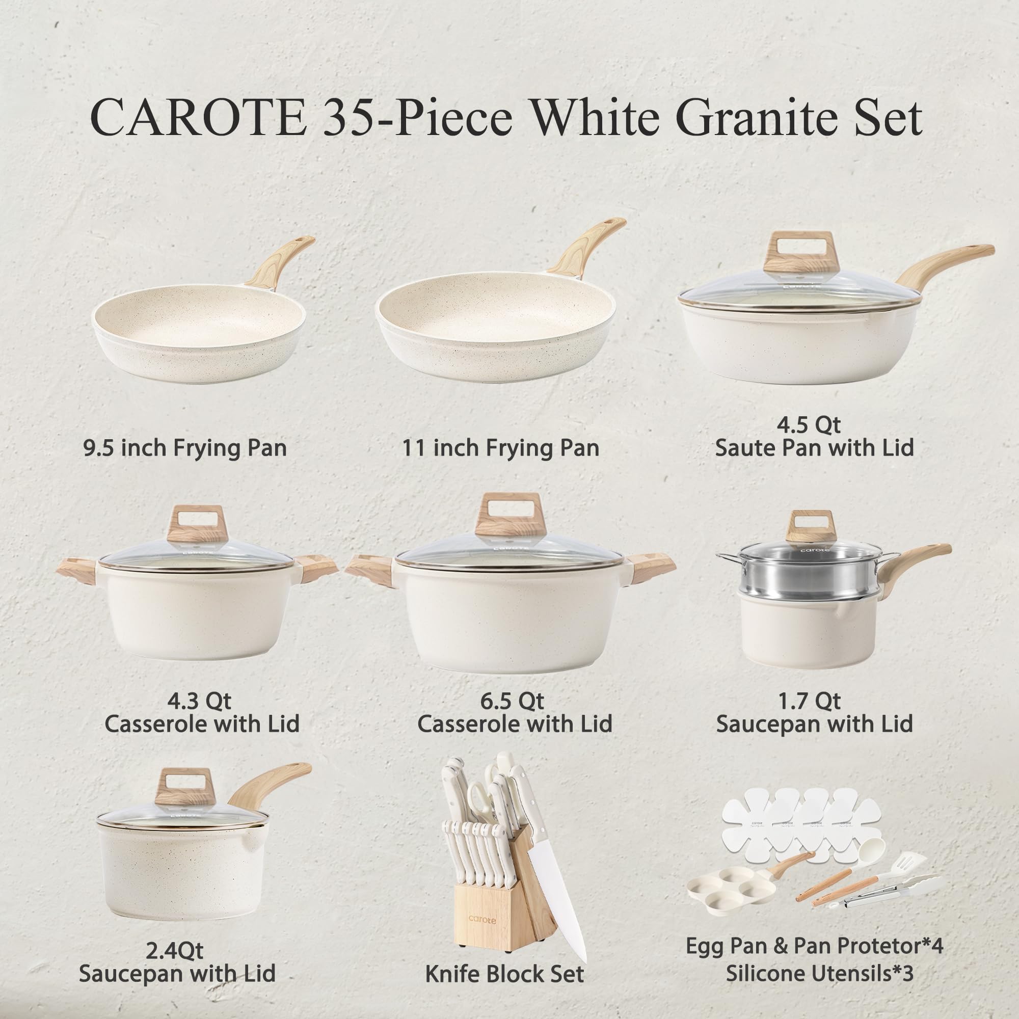 CAROTE 21pcs Pots and Pans Set Nonstick, Cookware Set Black Induction Kitchen Cooking Set w/Frying Pans & Saucepans(PFOS, PFOA Free)