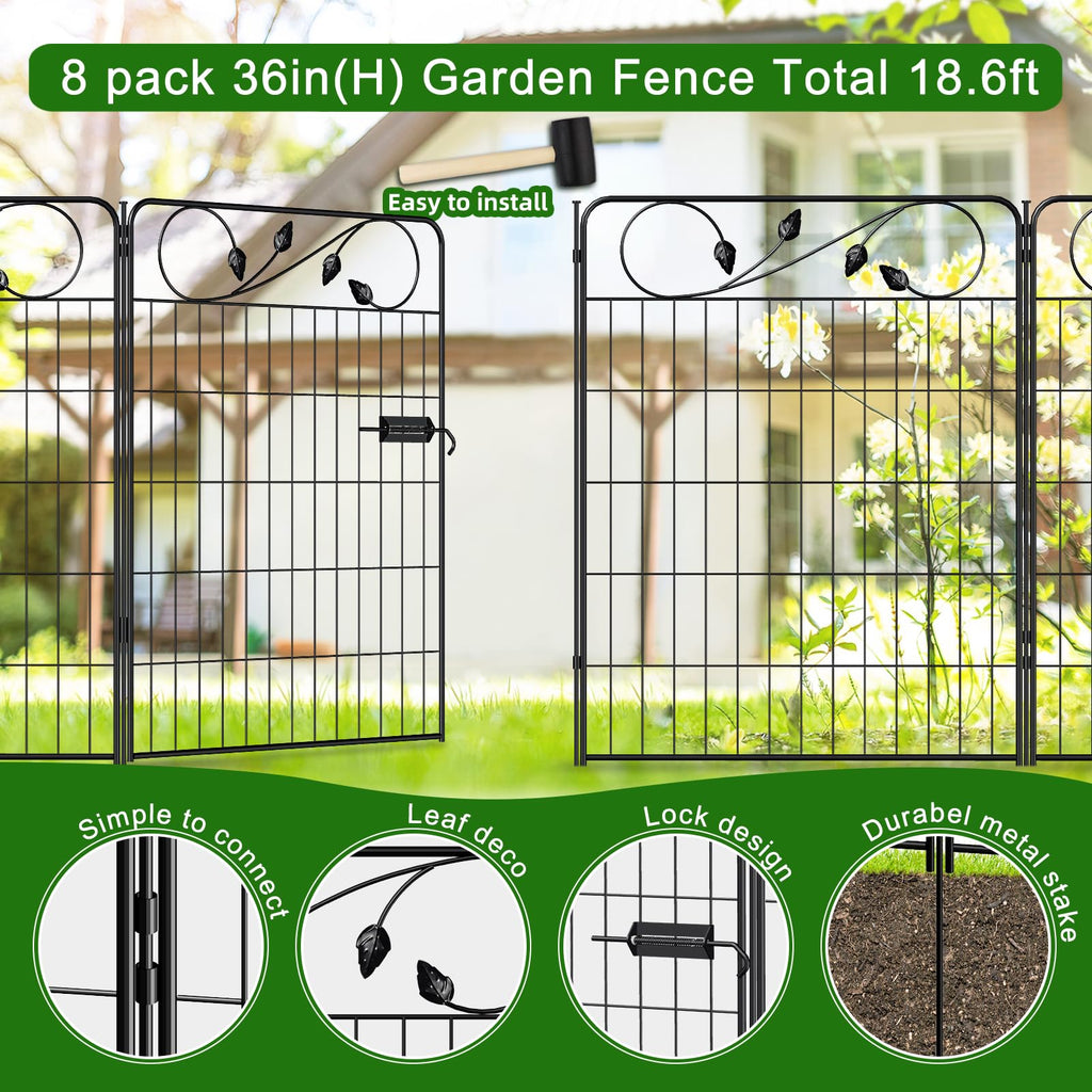 FOREHOGAR Decorative Metal Garden Fence 24in(H) X10ft(L) 5 Panels Leaf Black Rustproof Wire Border Fence for Landscape Patio Flower Bed Garden Fencing Panel Animal Barrier for Dogs