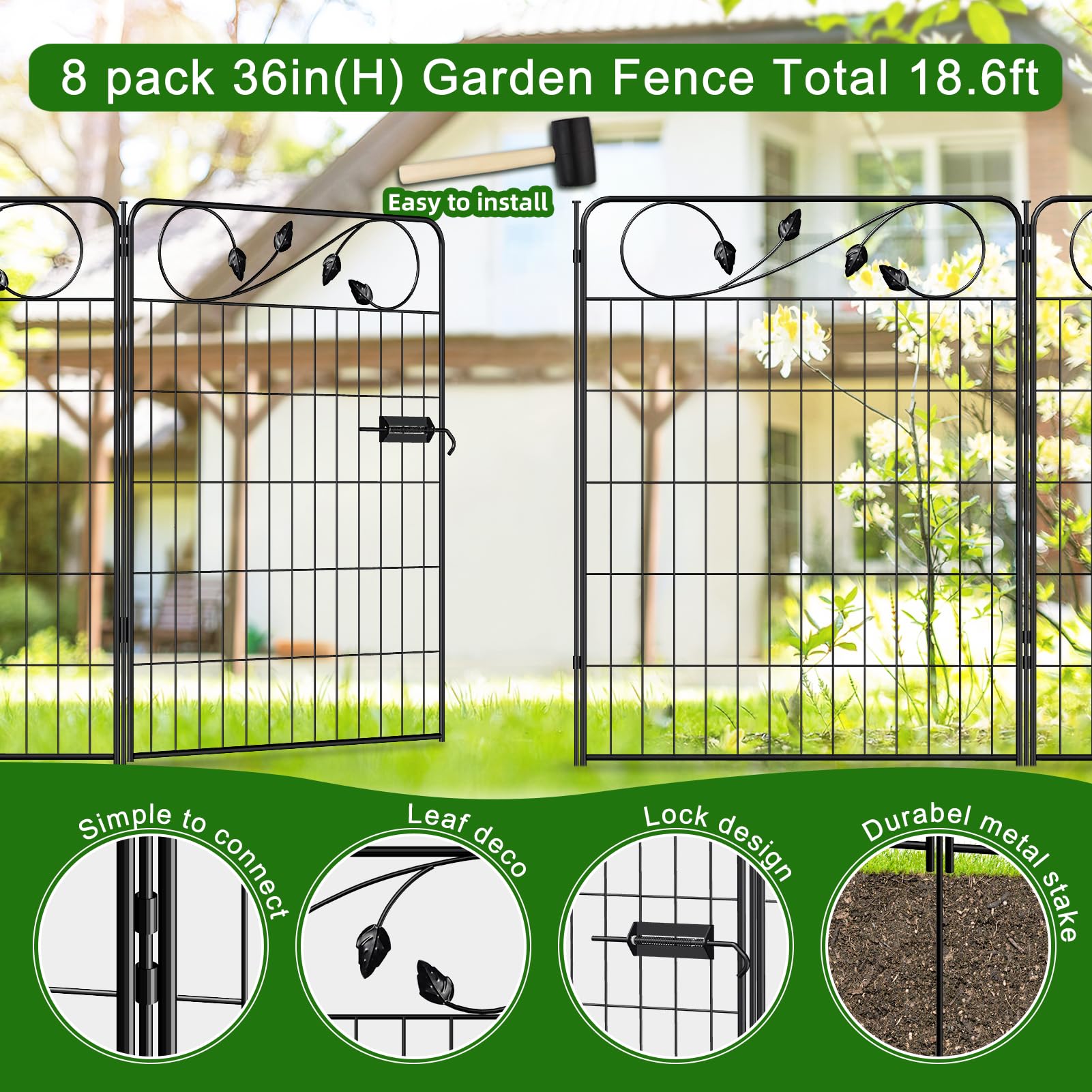 FOREHOGAR Decorative Metal Garden Fence 24in(H) X10ft(L) 5 Panels Leaf Black Rustproof Wire Border Fence for Landscape Patio Flower Bed Garden Fencing Panel Animal Barrier for Dogs