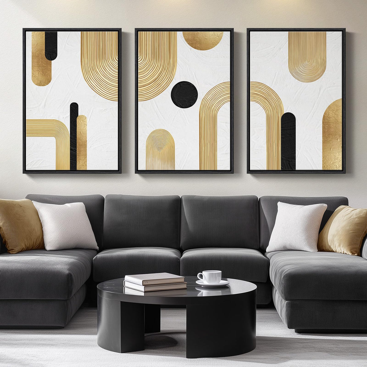Framed Black and White Modern Abstract Wall Art, 3 Piece Canvas Prints Paintings Artwork for Walls, Minimalist Black White Grey Pictures for Living Room Dining Room Bedroom Office Wall Decor 16x24 In
