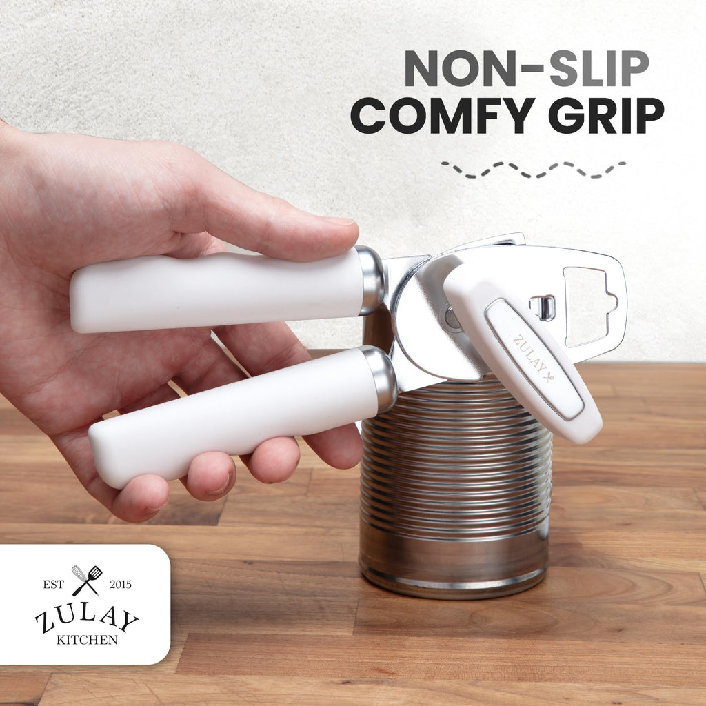 Zulay Kitchen Heavy Duty Stainless Steel Can Opener Manual with Bottle Opener - Rust Proof Manual Can Opener With Turn Knob & Comfy Soft Grip Handles - Airy Lilac