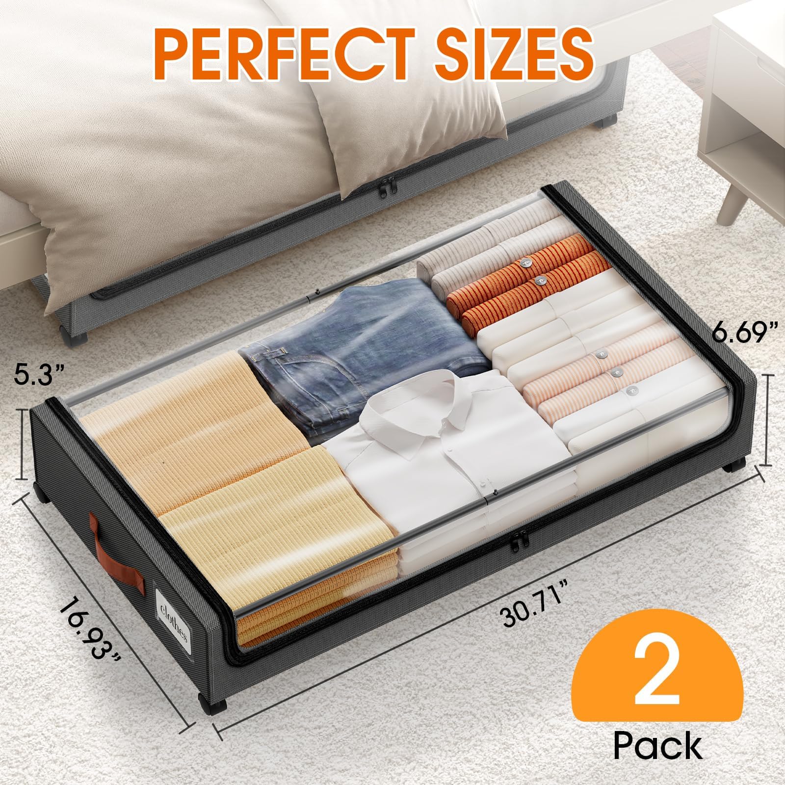 SpaceHacks Under Bed Storage with Wheels 1Pack Underbed Storage with Clear Window&Label Under Bed Drawers Large Capacity Rolling Under Bed Storage for Clothes,Shoes, Blankets (Beige)