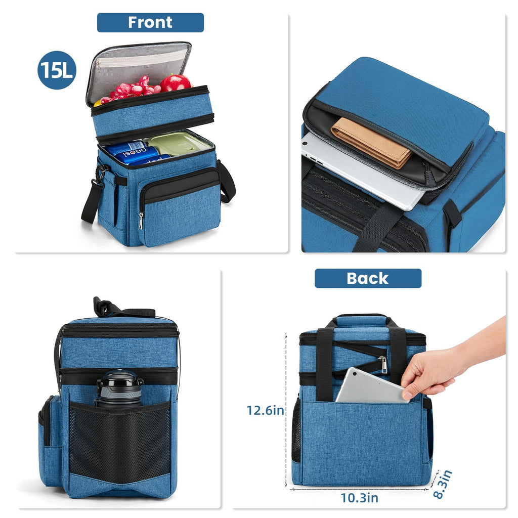 holuxer Insulated Lunch Bag & Lunch Box for Men - Double Deck Reusable Lunch Bag for Women Tote Cooler Bag Leakproof Soft Expandable - Large Lunchbox for Work/Adult/Picnic/Outdoor (Black，15L)