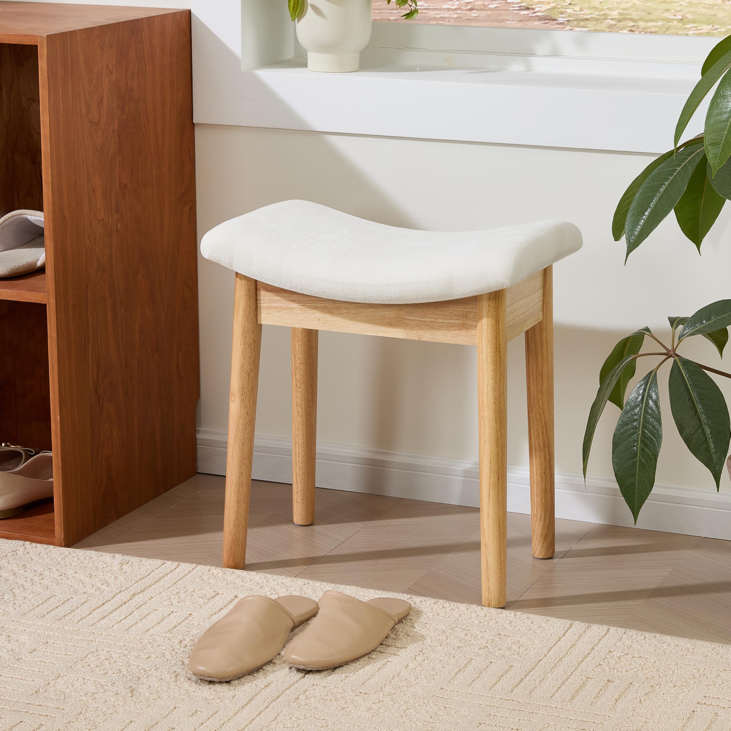 Royal Windsor Vanity Stool with Saddle Cushion, 18 Inch Makeup Vanity Chair for Living Room, Modern Foot Stool Ottoman Piano Bench,Small Upholstered Bench for Bedroom, Beige