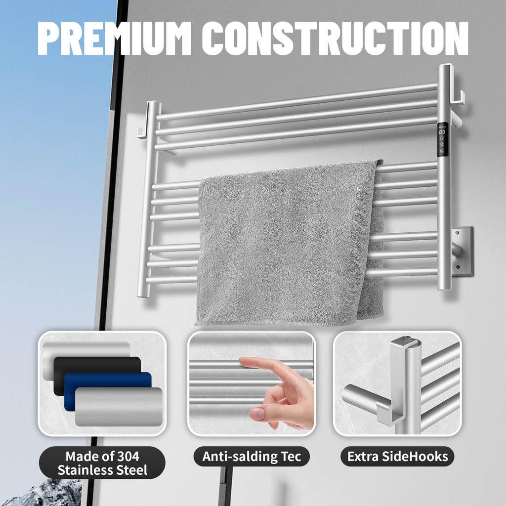 K&KALONZO Wall-Mounted 9-Bar Heated Towel Rack, Fast Heat in 2 Min, NTC Safety | 4 Timers & 3 Heat Levels Control, Plug-In/Hardwired, Top Hooks, Memory Function, Anti-Scald, Stainless Steel, EL13ML
