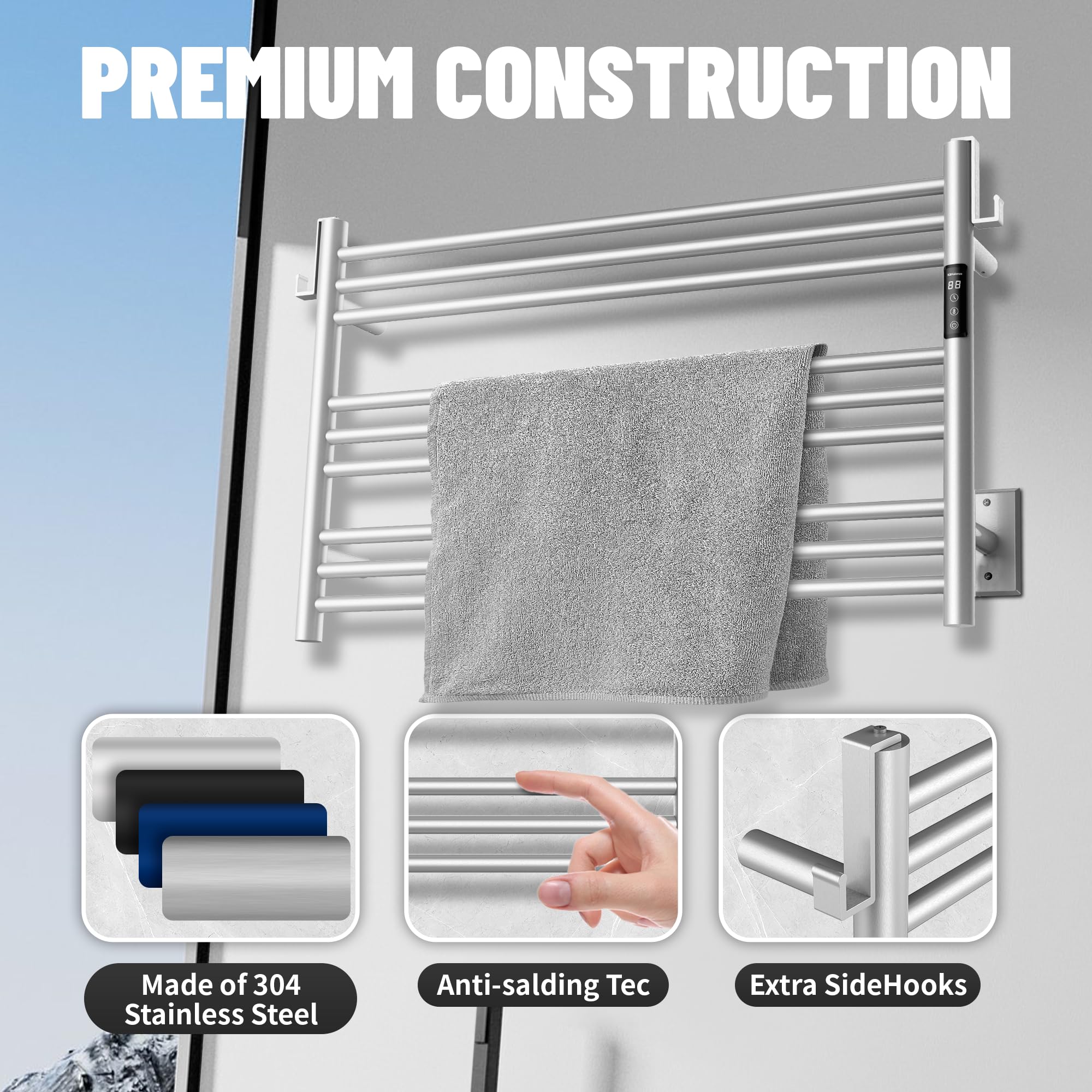 K&KALONZO Wall-Mounted 9-Bar Heated Towel Rack, Fast Heat in 2 Min, NTC Safety | 4 Timers & 3 Heat Levels Control, Plug-In/Hardwired, Top Hooks, Memory Function, Anti-Scald, Stainless Steel, EL13ML