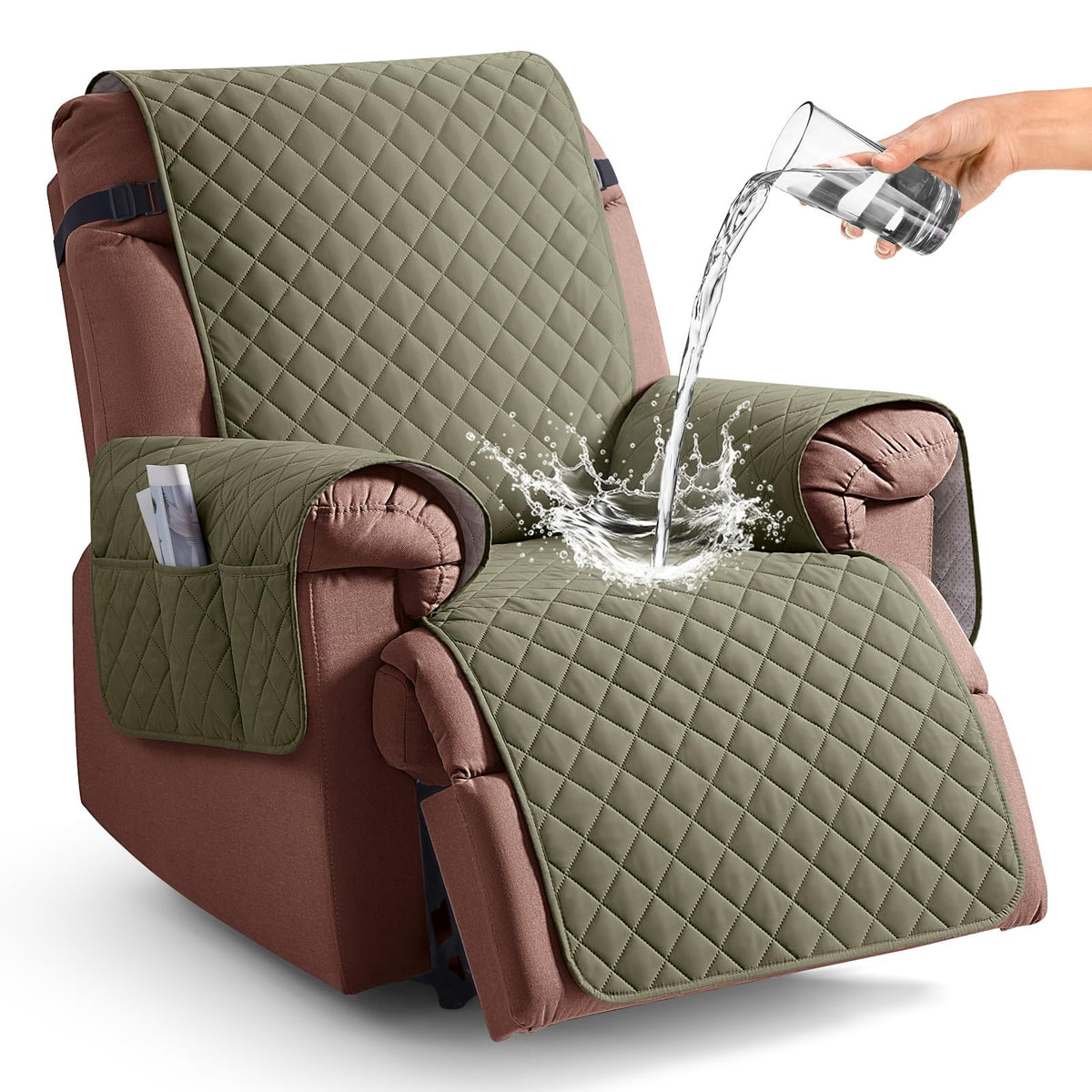 KinCam 100% Waterproof Recliner Chair Cover, Reclining Couch Covers for Pets, Dogs, Recliner Couch Slipcover Furniture Protector with Elastic Straps for Kids(23.6", Beige White)