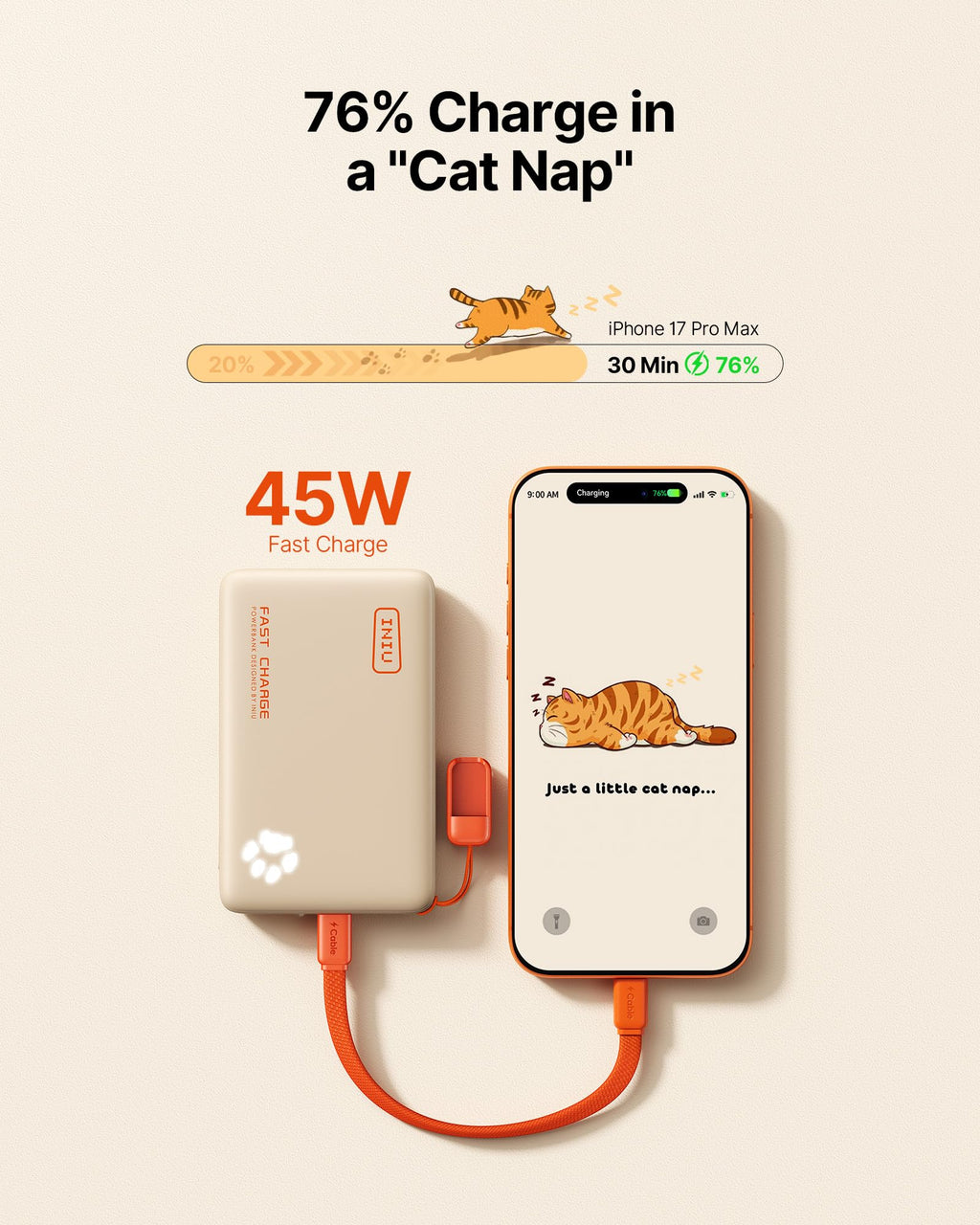INIU 45W Fast Charging Portable Charger, 40% Smaller 10000mAh with Detachable Cable, Flight-Safe Travel Power Bank, USB C External Phone Battery Pack for iPhone 17 16 Pro iPad Samsung S26 Google etc