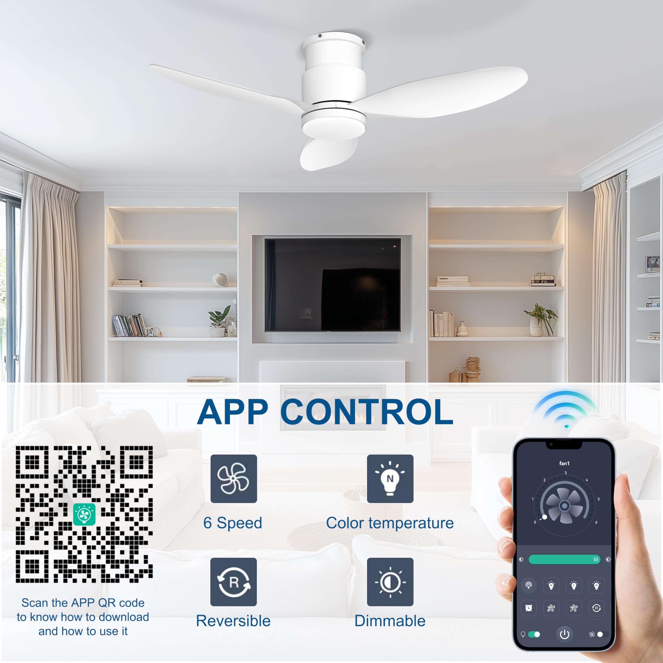 Ohniyou 42'' Flush Mount Ceiling Fans with Lights, Remote/App Control, Dimmable, Quiet Indoor/Outdoor Ceiling Fan for Covered Patio, Bedroom, Kitchen, Black