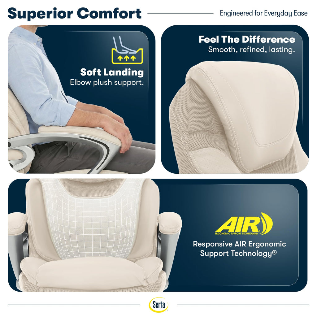 Serta Bryce Executive Office Chair - Ergonomic Computer DeskChair with Lumbar Technology - Adjustable Height - Memory Foam Body Pillows - 360° Swivel Rolling Base - Bonded Leather - Black