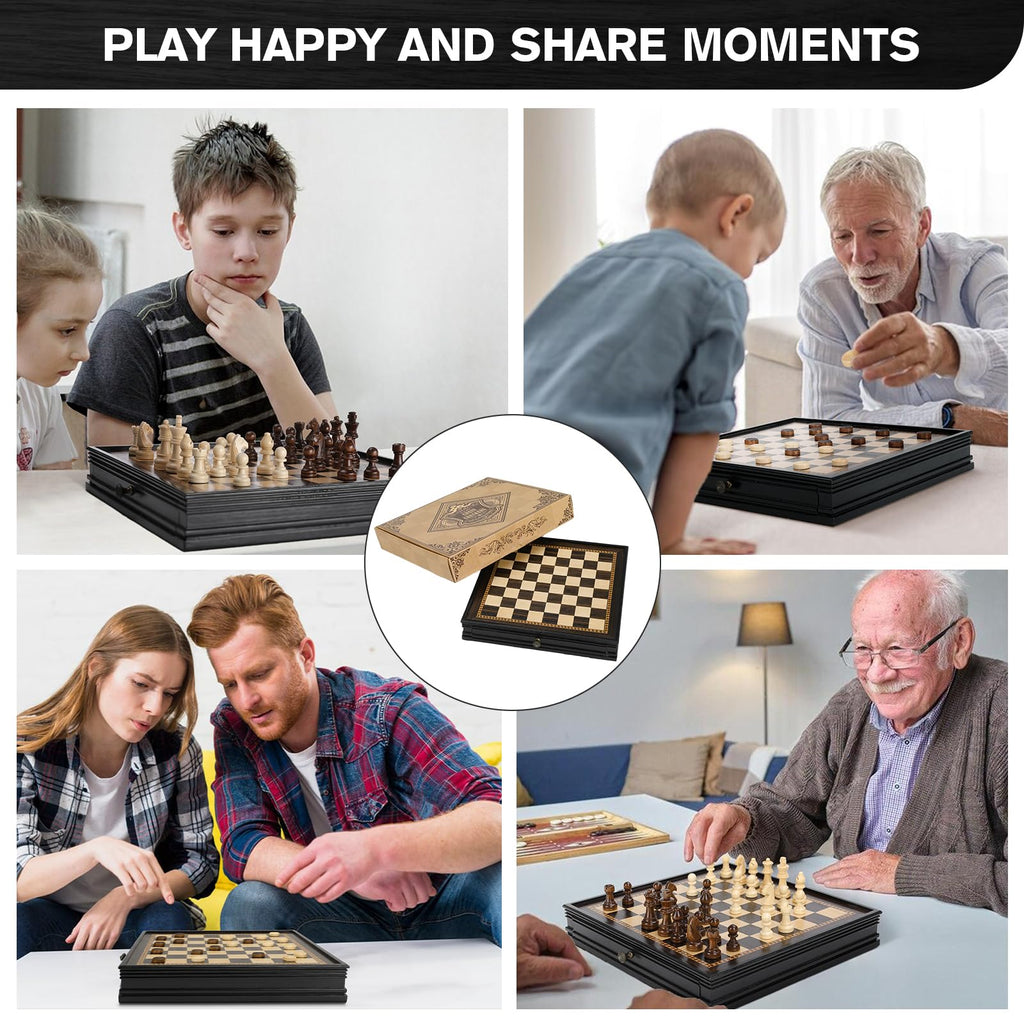 Peradix Magnetic Chess and Checkers Set with 2 Built-in Storage Drawers, Classic 2 in 1 Wooden Board Games, Magnetic Chess Pieces 2 Extra Queens, 12.8" Chess Set for Adults and Kids Gift Package