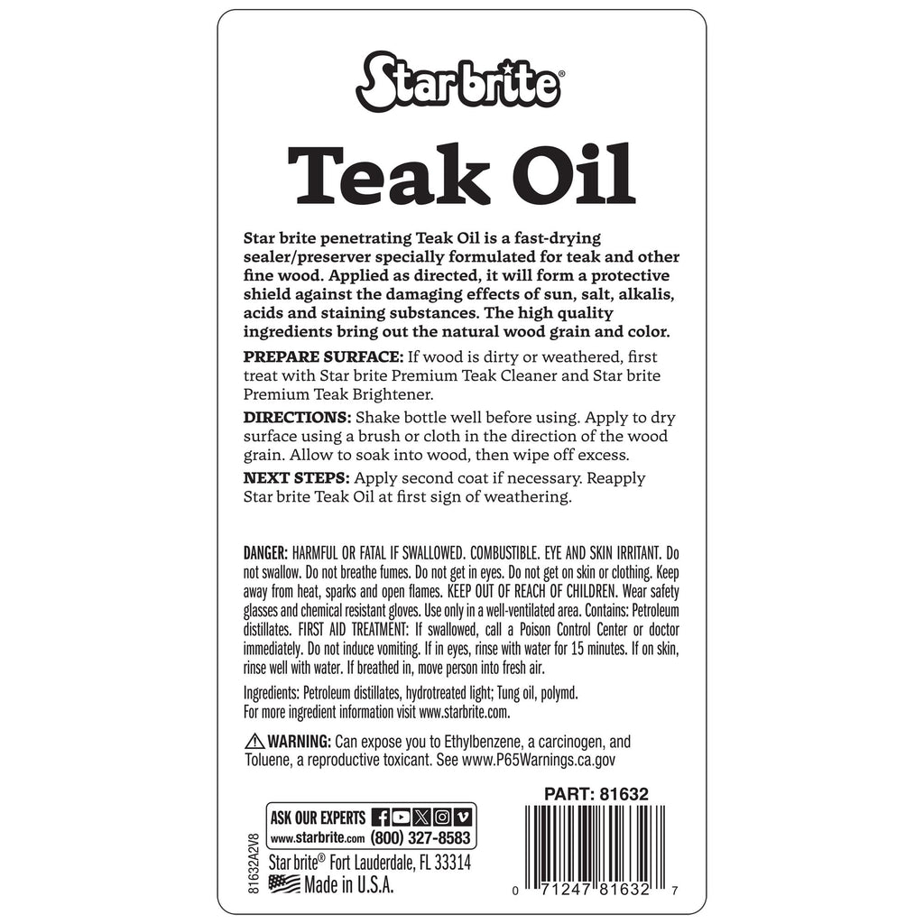 STAR BRITE Marine Grade Teak Oil - Long-Lasting, UV-Resistant Wood Sealer & Preserver With UV Protection for Boats, Outdoor Furniture & All Fine Wood
