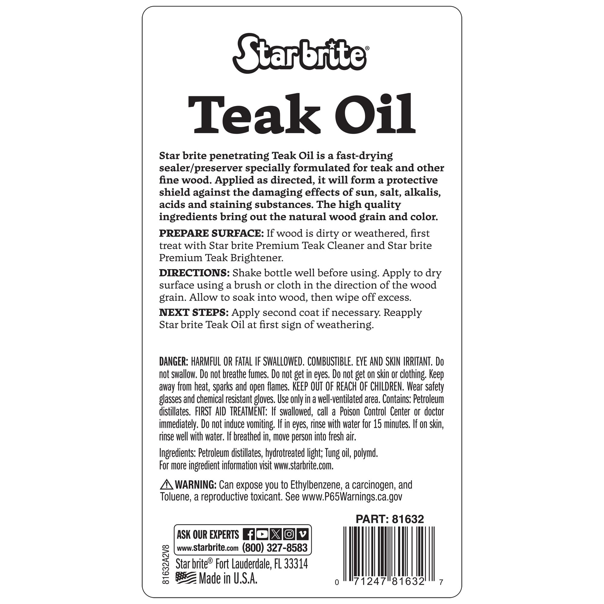 STAR BRITE Marine Grade Teak Oil - Long-Lasting, UV-Resistant Wood Sealer & Preserver With UV Protection for Boats, Outdoor Furniture & All Fine Wood