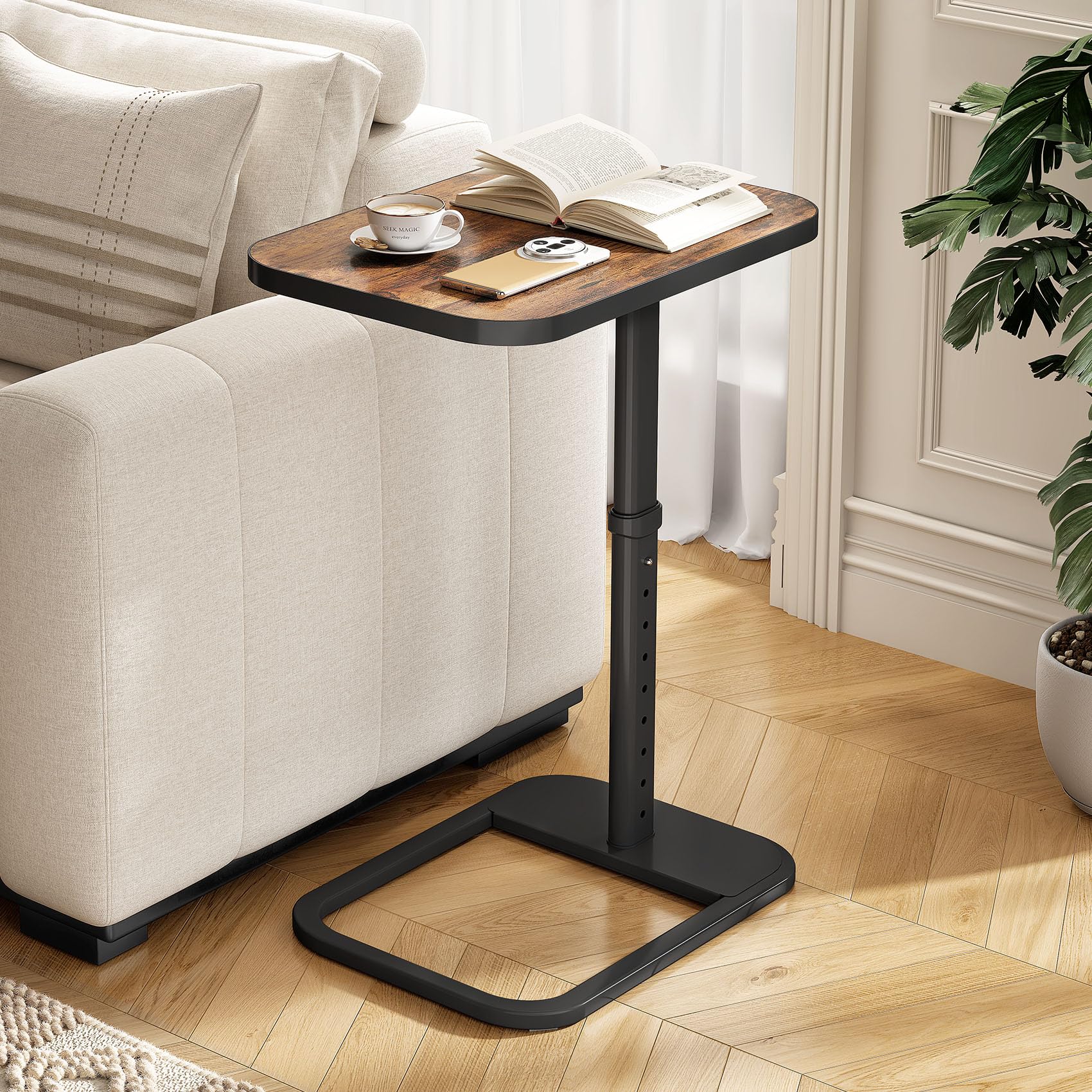 Kitstorack TV Tray Table, Adjustable Height & Rounded Metal Corners, Snack Table for Couch, Sofa, Bed, Chair, Living Room, C Shaped End Side Table for Eating, Dinner or Laptop, Small Spaces, Black