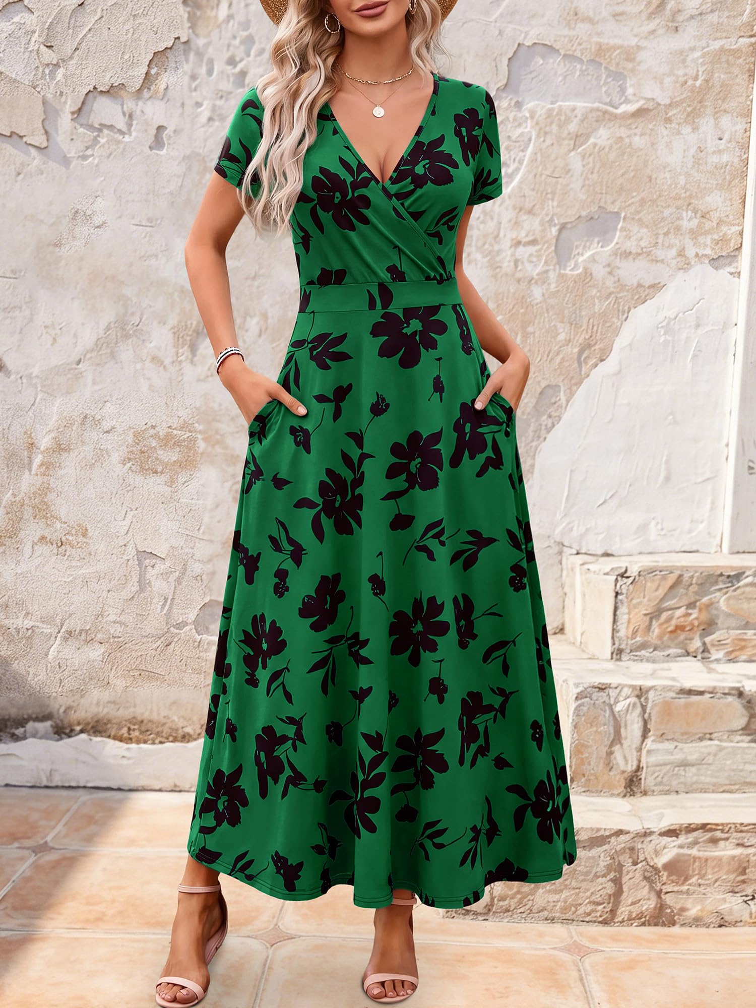 HUHOT Women's Short Sleeve Wrap V Neck Dresses for Wedding Guest Summer Floral Maxi Sundresses with Pockets Boho Dress