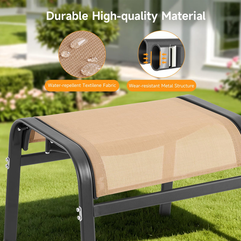 ONBRILL Outdoor Ottoman Set of 2, All Weather Outdoor Foot Stool with Supportive Textliene and Metal Frame, Stackable Oversized Outdoor Foot Rest for Furniture Patio Garden Pool, Beige