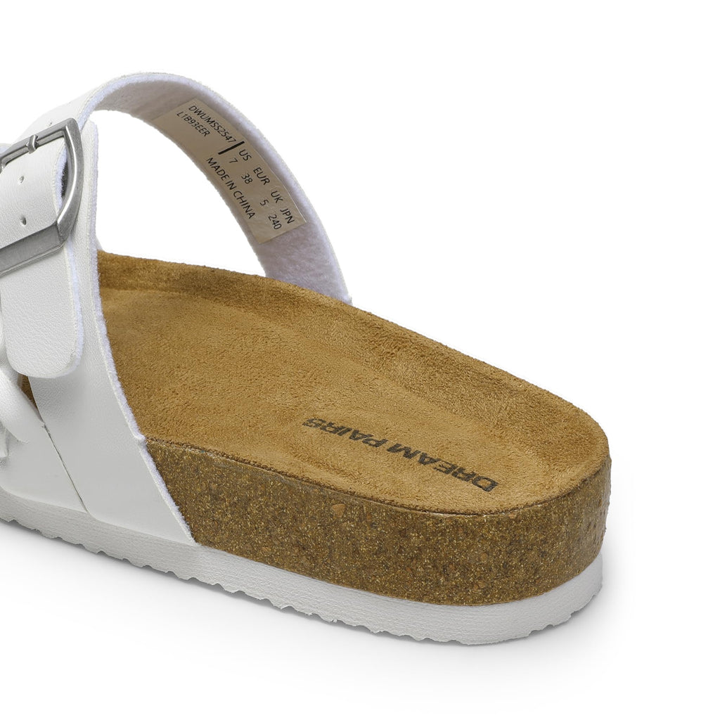 DREAM PAIRS Women's Slides Soft Cork Footbed Sandals Comfortable Walking Slip-on Flat Sandals Arch Support Adjustable Buckle Braided Straps Slippers