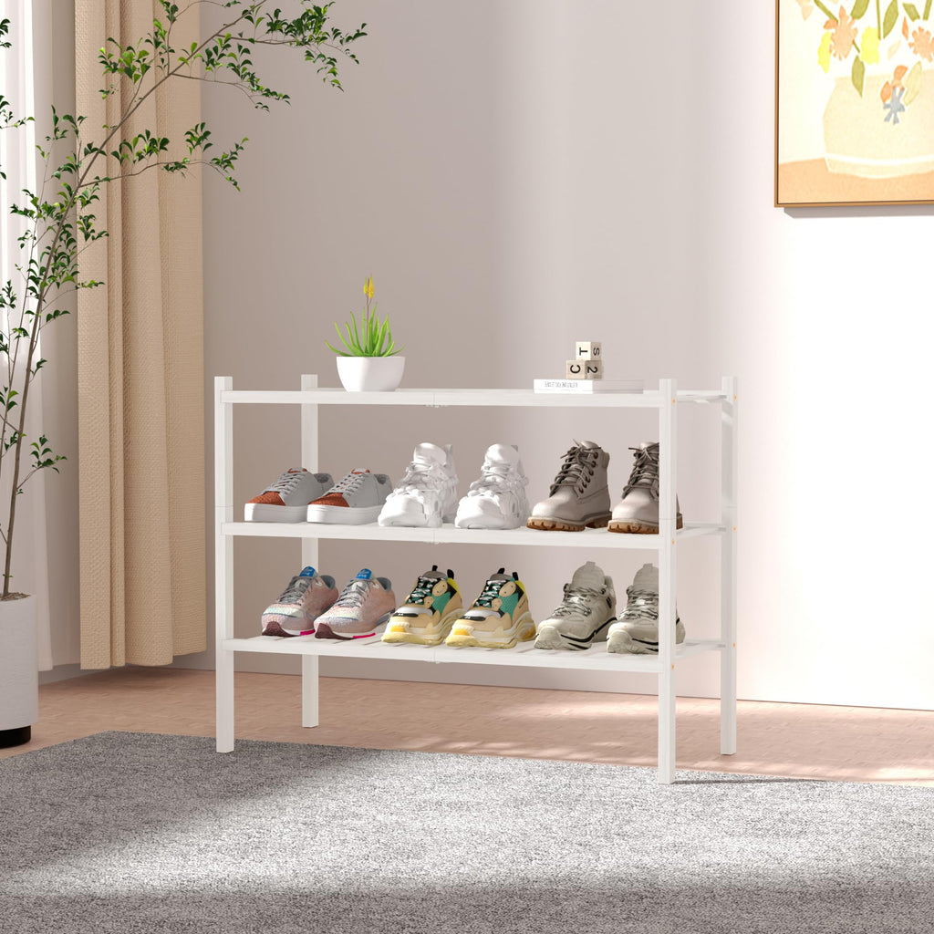 ROMGUAR CRAFT 2-Tier Bamboo Long Shoe Rack, Free Standing Wood Shoe Shelf Storage Organizer for Closet Entryway Stackable 35"x11"x13" (Black)