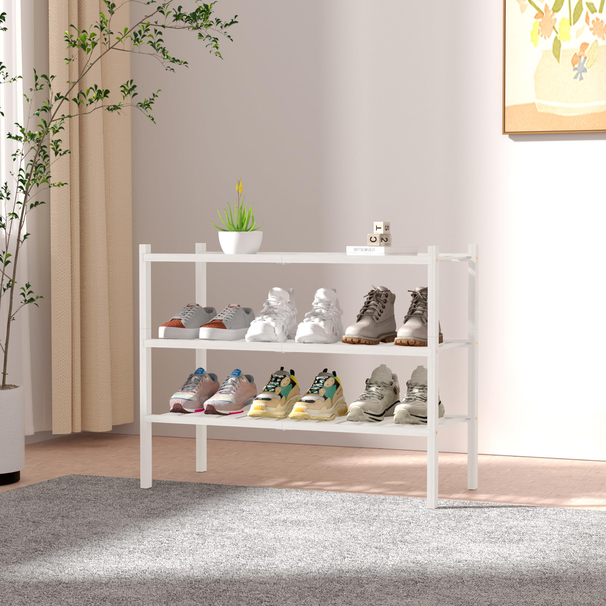 ROMGUAR CRAFT 2-Tier Bamboo Long Shoe Rack, Free Standing Wood Shoe Shelf Storage Organizer for Closet Entryway Stackable 35"x11"x13" (Black)