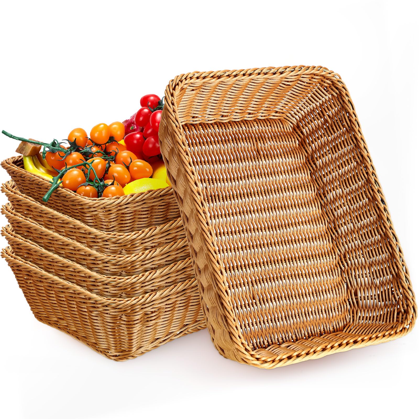 Eccliy 6 Pack Wicker Bread Baskets 15.8 Inch Woven Serving Basket for Gifts, Poly Wicker Storage Rectangle Rattan Display Trays for Bread Food Vegetables Fruit Snacks Tabletop Restaurant Home