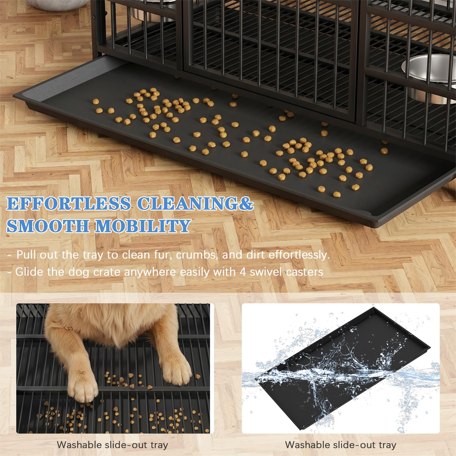 Dosker 42 inch Heavy Duty Metal Dog Crate with Divider for 2 Dogs/Large Dog, All Metal Open Top Escape Proof Cage, Indoor Dog Kennel with Wheels, Floor Grid, Tray, Feeding Bowl