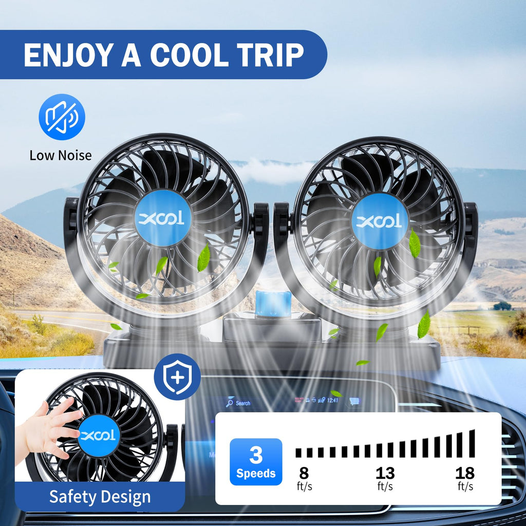 XOOL Clip Car Fan, 9 Inches 12V/24V Fan, 360° Rotatable Electric Cooling Clip on Fan with Stepless Speed Regulation for SUV, RV, Truck