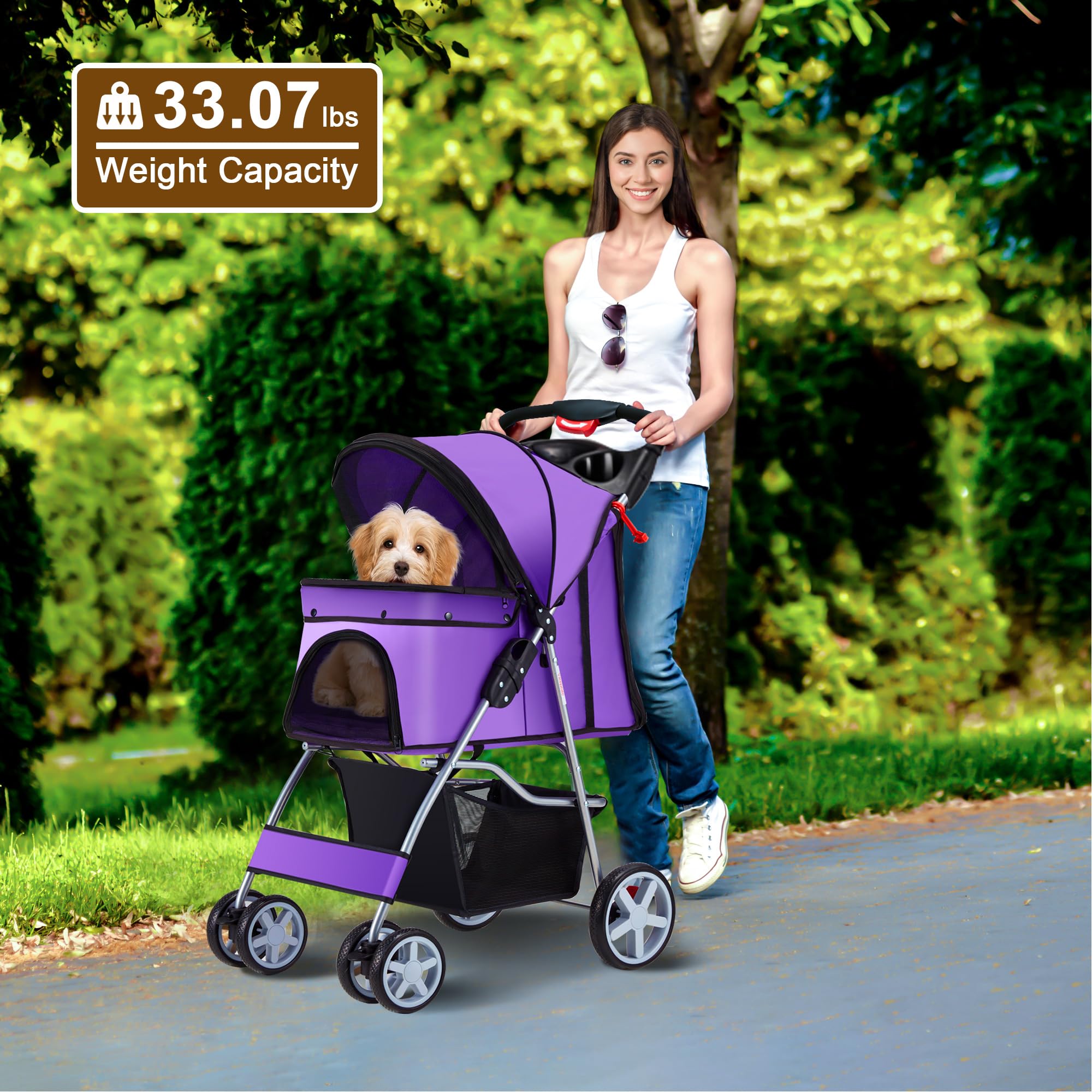 Pet Stroller, 4 Wheels Pet Strolling Cart for Medium/Small Dogs and Cats, Foldable Cat Jogger/Dog Stroller with Cup Holder, Storage Basket, Breathable Mesh, All-Season Pet Carrier, Black