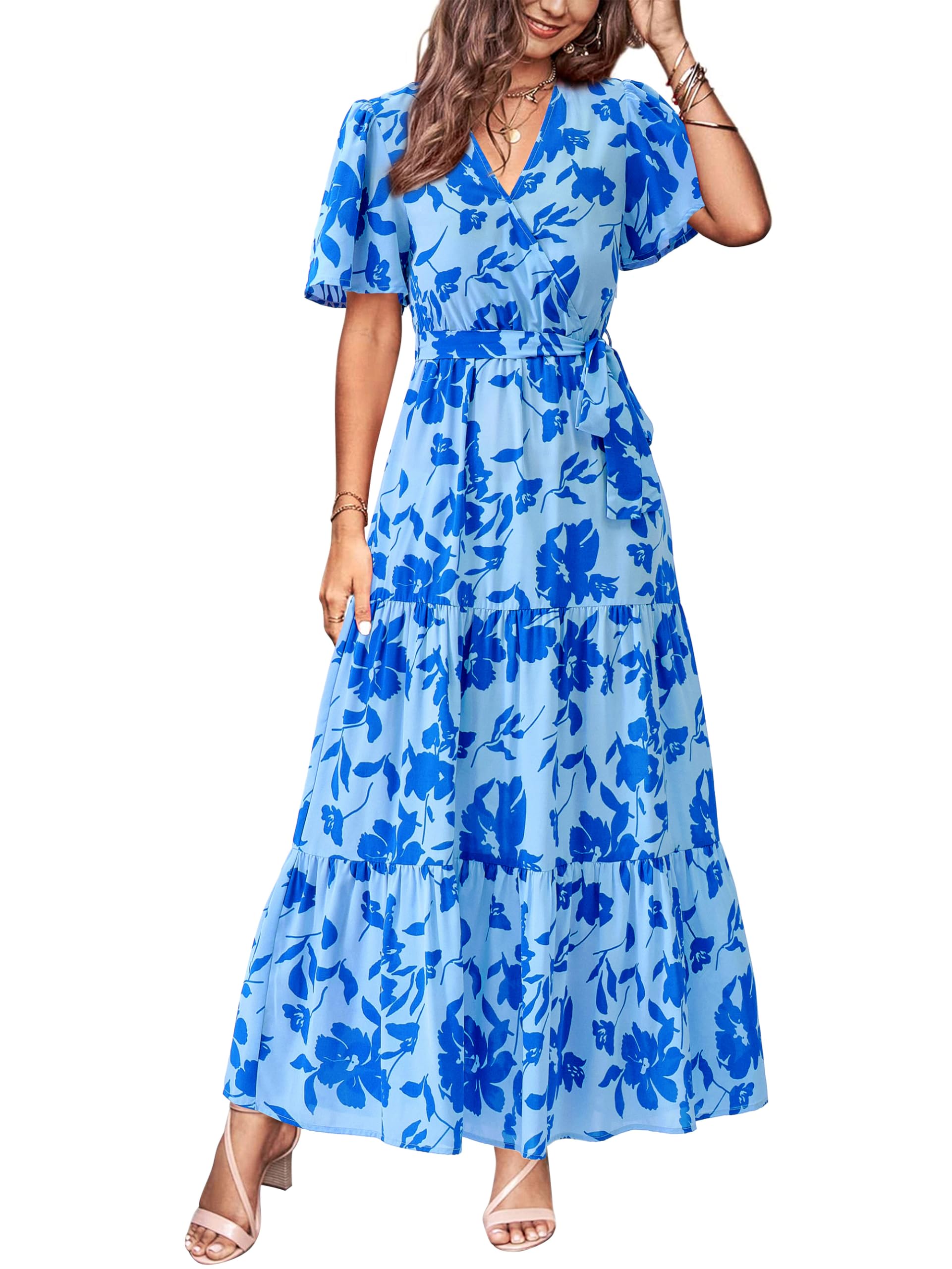 MASCOMODA Womens Summer Swiss Dot Maxi Dresses Wrap V Neck Flutter Short Sleeve Boho Casual Flowy Long Wedding Guest Dress