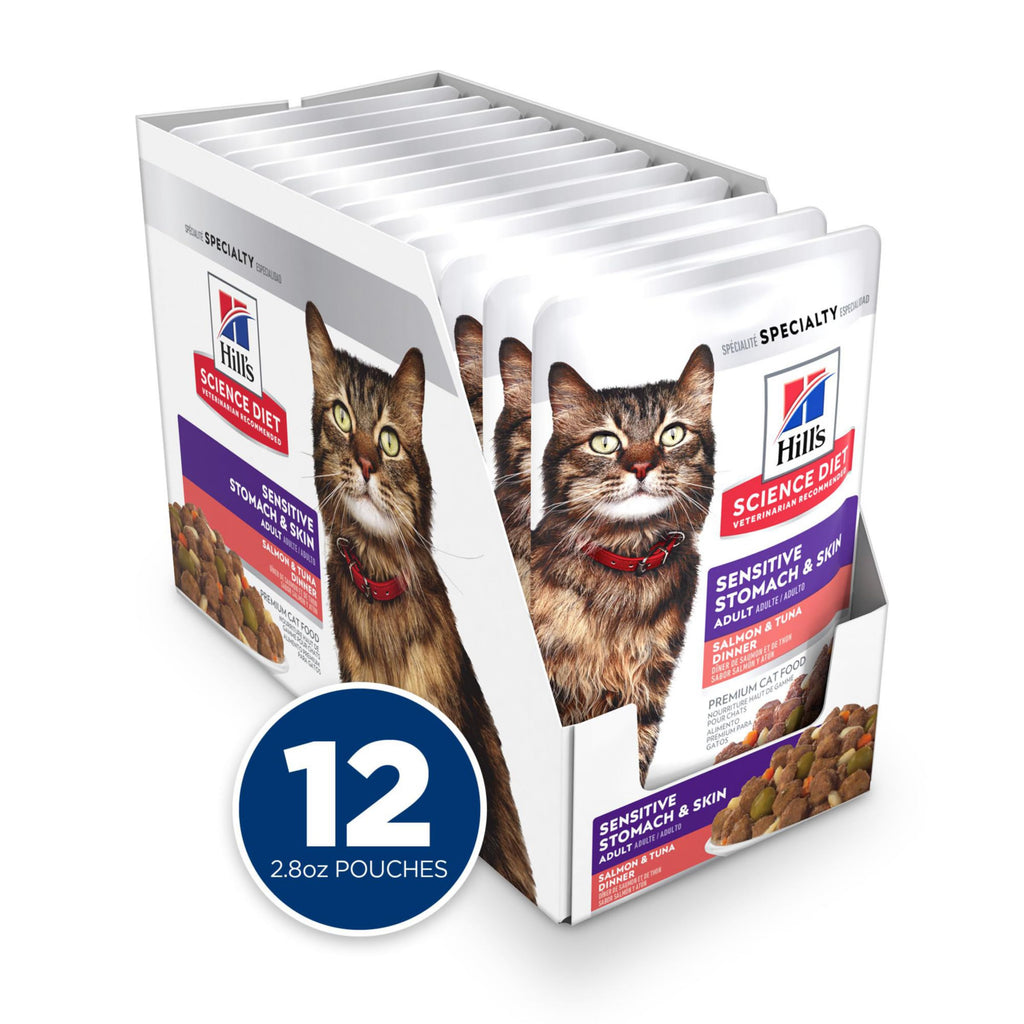 Hill's Science Diet Adult Sensitive Stomach & Skin Wet Cat Food, Chicken & Beef, 2.8 oz. Pouches, 24-Pack