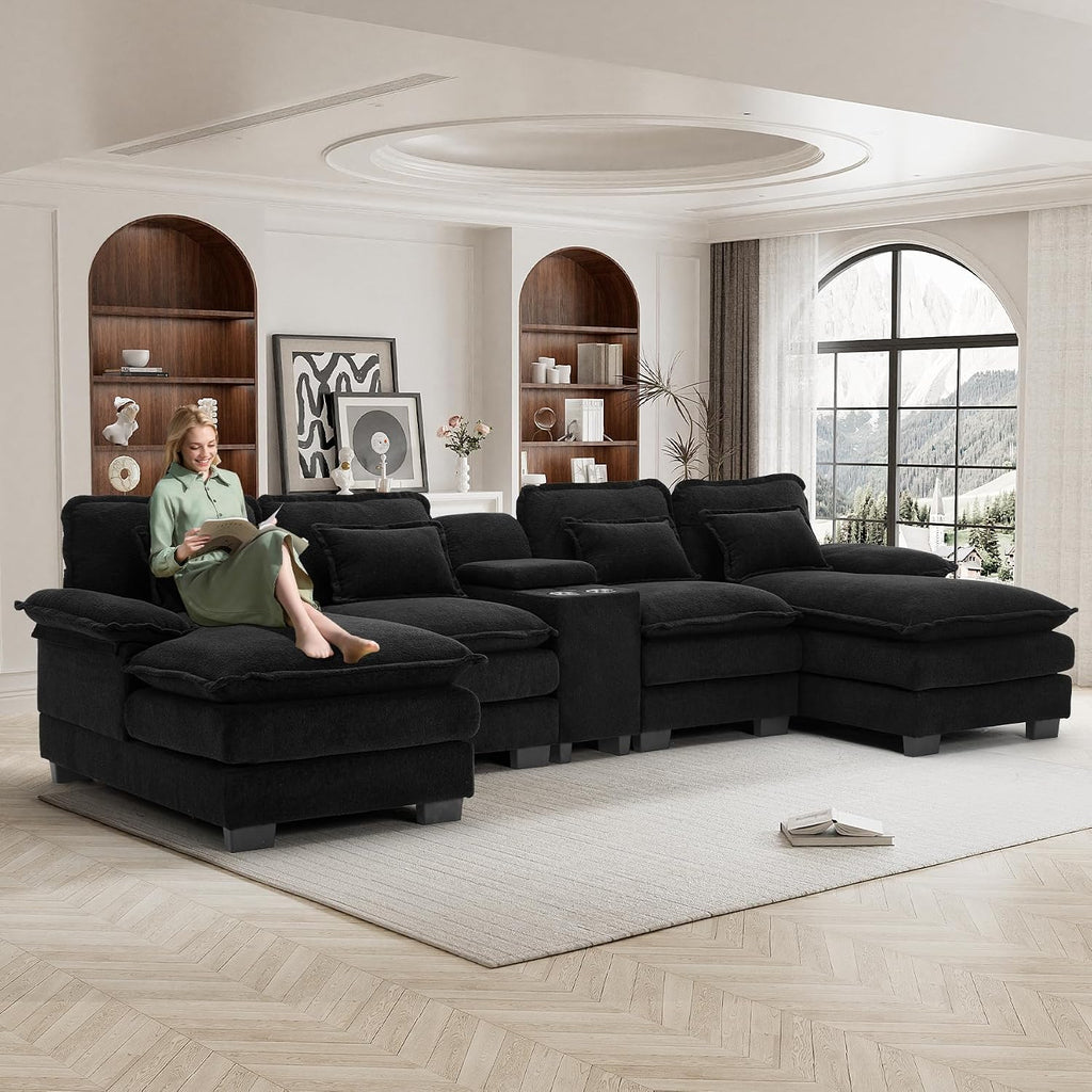 U Shaped Cloud Couch Sectional Sofa, 124" Comfy Fluffy Chenille Cloud Black Sectional Couches for Living Room with Double Chaise Lounge, Modern Modular Sofa with Central Console & USB Port