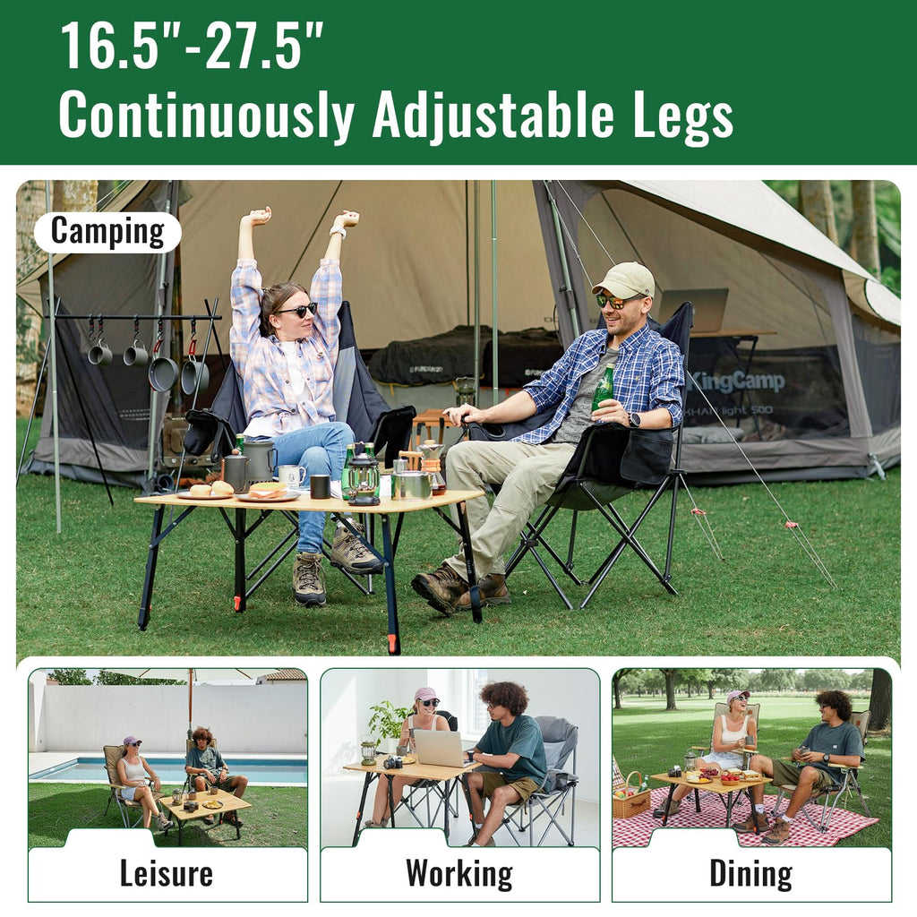 KingCamp Bamboo Folding Table, 4-Fold Camping Adjustable Height Portable Outdoor Lightweight & Compact Table with Aluminum Frame for RV Picnic BBQ Tailgating