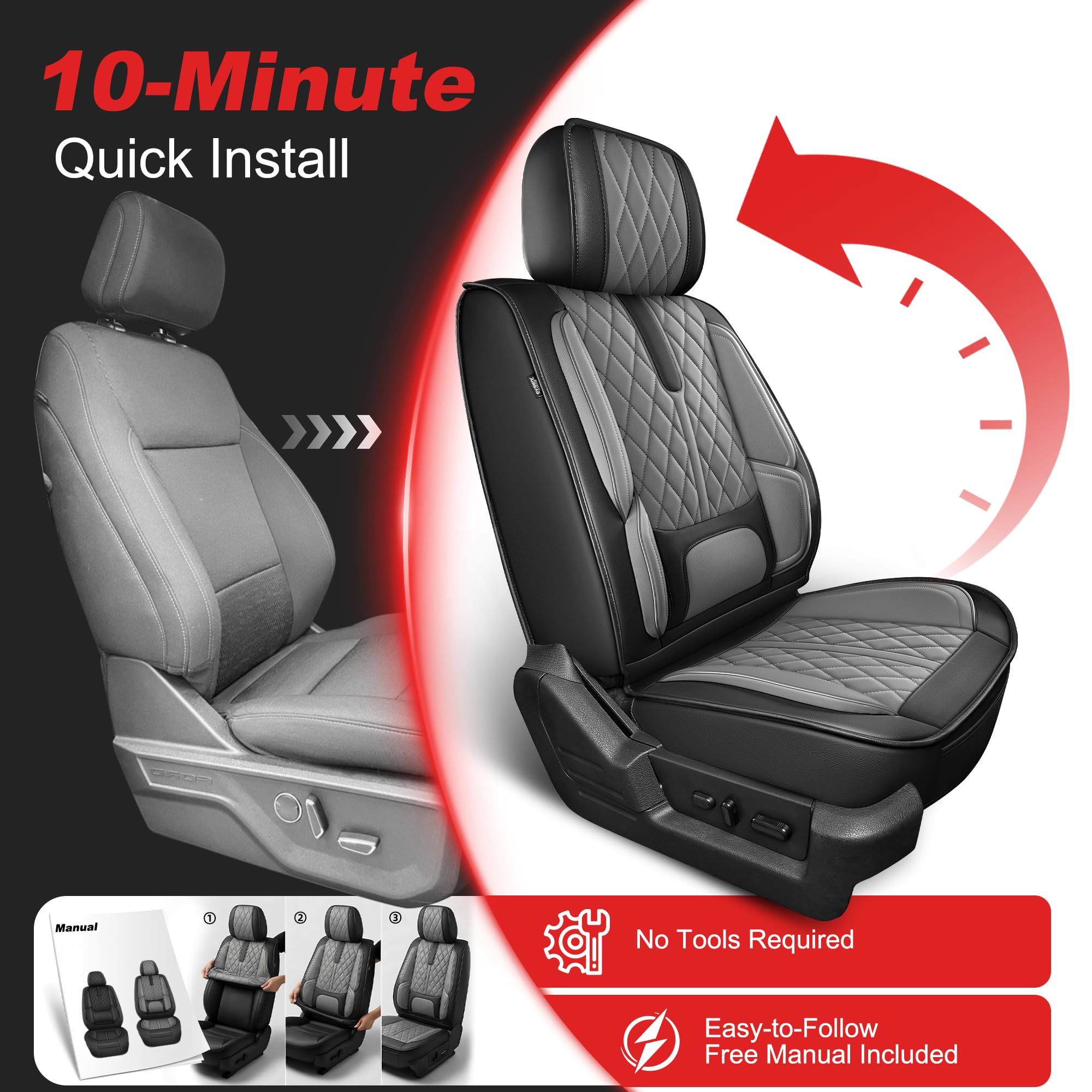 AOMSAZTO Seat Covers Fit for Ford F150 : 2009-2024 2025 2026 - F250/F350/F450 2017-2024 2025 2026 Truck Pick-up Front Car Seat Covers Faux Leather(Blackline, 2PCS Front)