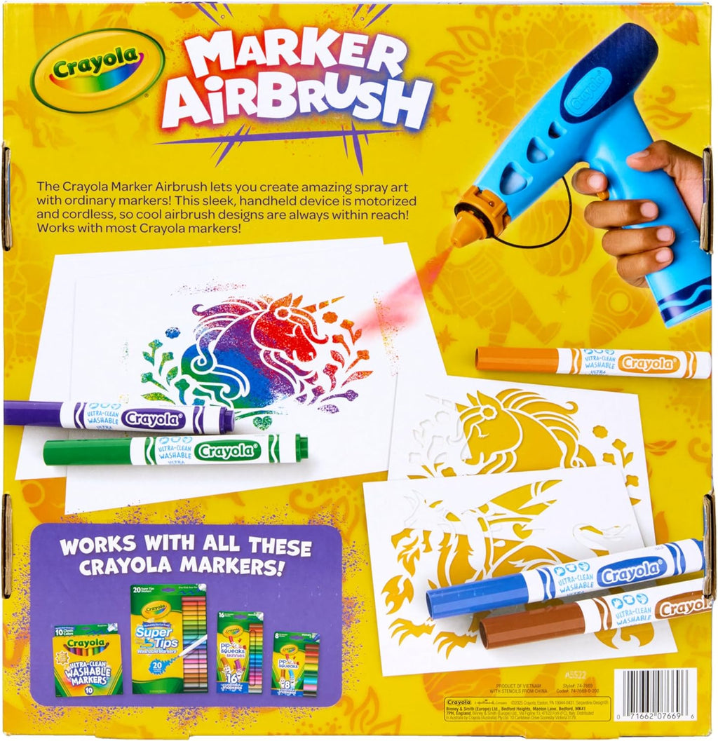 Crayola Marker Airbrush Spray Art Kit, Battery-Powered Sprayer with 8 Washable Markers & 5 Stencils, DIY Craft Set, Ages 6+