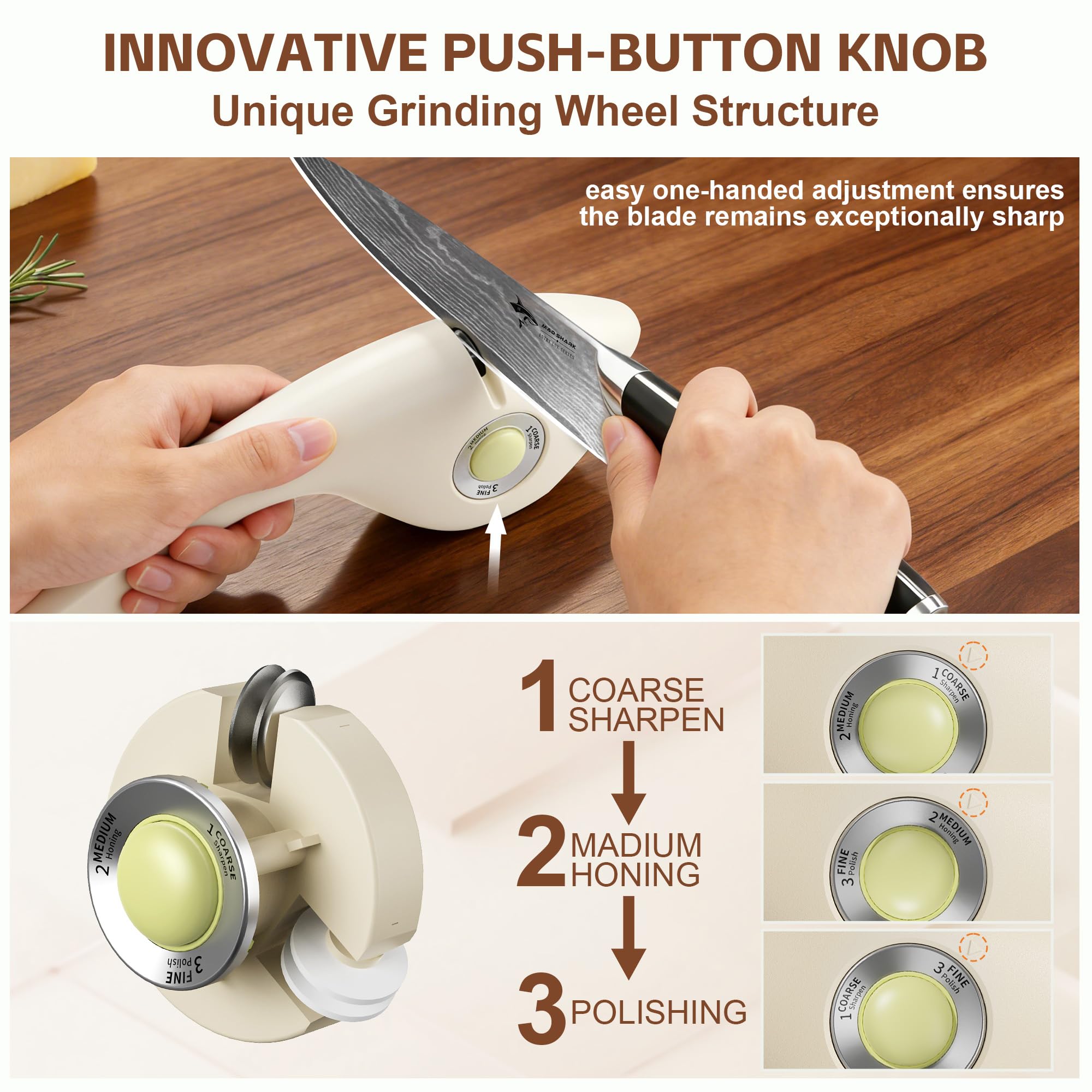MAD SHARK 1-Button 3-Stage Knife Sharpener - Adjustable Diamond & Ceramic, No-Scratch ABS Body for All Kitchen/Pocket Knives,Repairs, Sharpens & Polishes,One-Handed Operation with Non-Slip Base