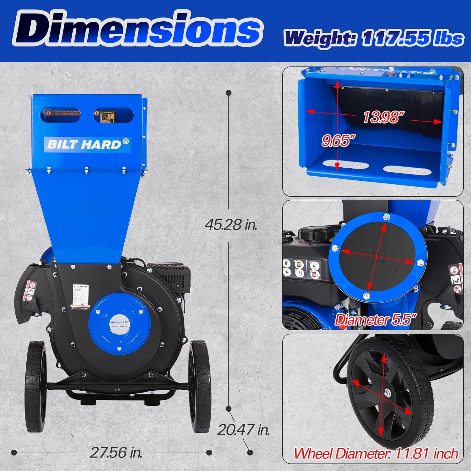 BILT HARD Wood Chippers Gas Powered - 7.5 HP 224cc Gas Powered Shredder, 2 in 1 Multi-Function Heavy Duty, 3" Max Wood Diameter Capacity with Collection Bag