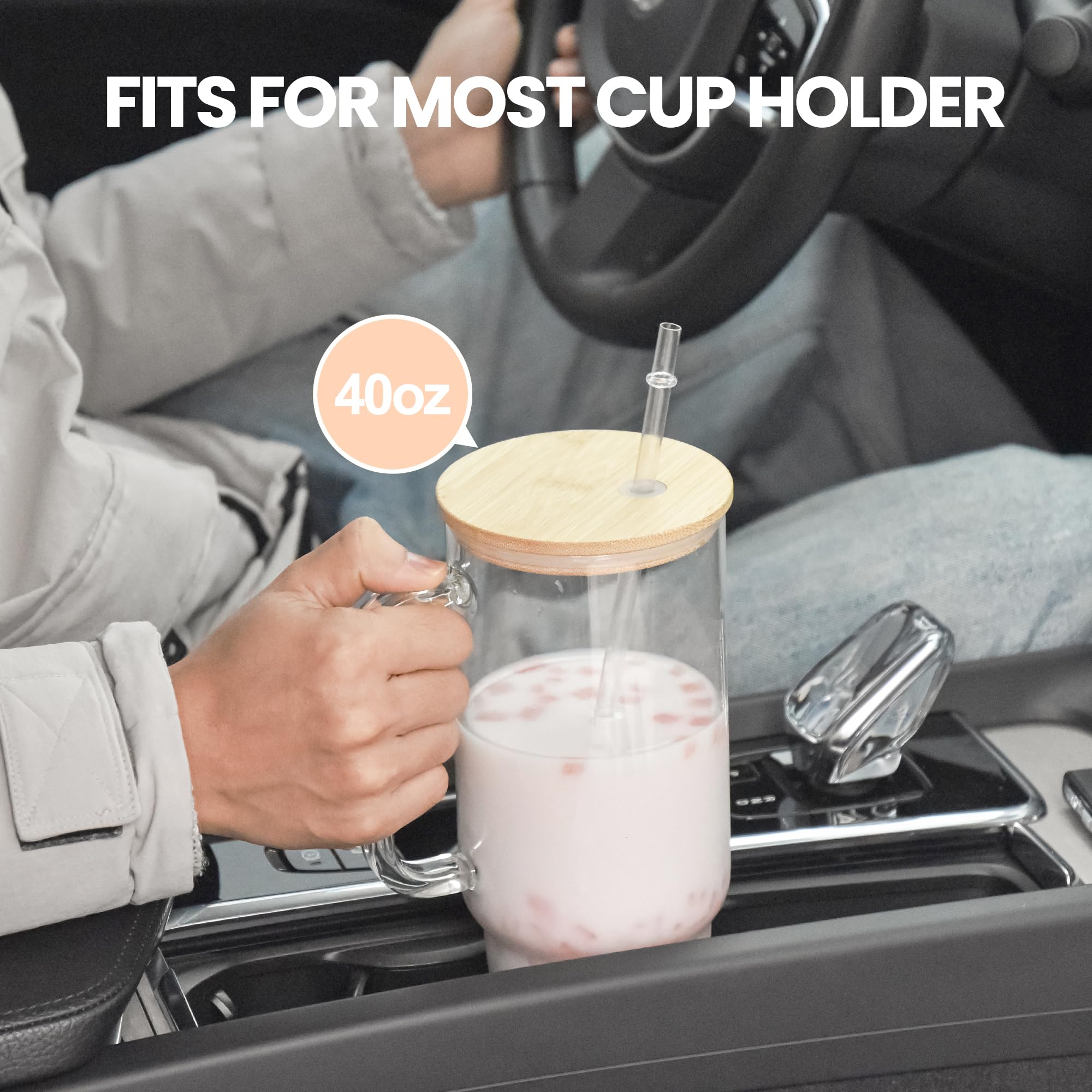 40 oz Glass Tumbler with Handle 12 Pack Glass Tumbler with Straw and Lid Clear Reusable Iced Coffee Cup, Fits Car Cup Holder, BPA Free, for Boba Tea, Juice, Smoothie, Beer(Sublimatable)