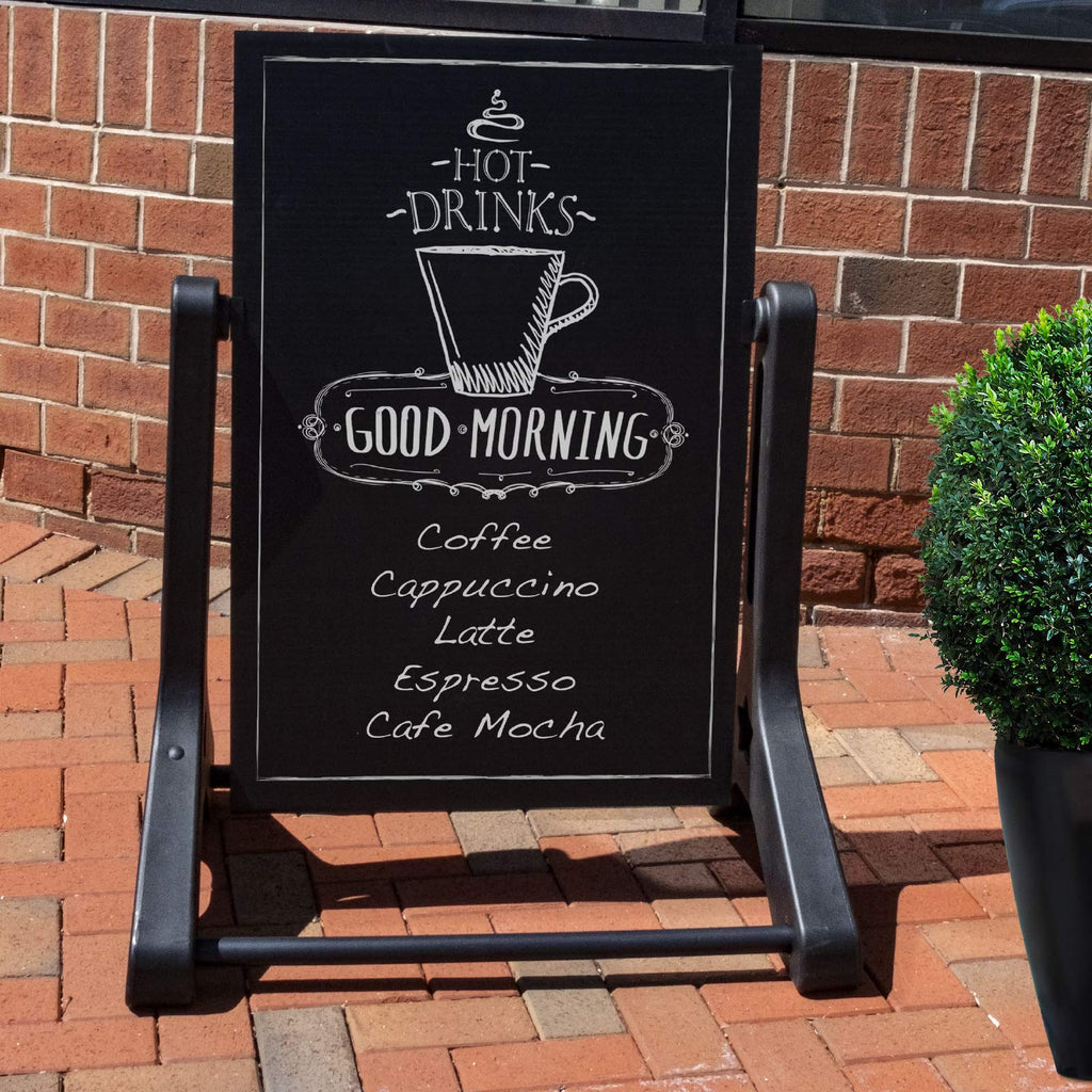 Swinging Changeable Message Sidewalk Sign: 24" x 36" Sign with 792 Pre-Cut Double Sided Letters and Storage Box. Includes Black Board & Letter Board (Black Color Legs)