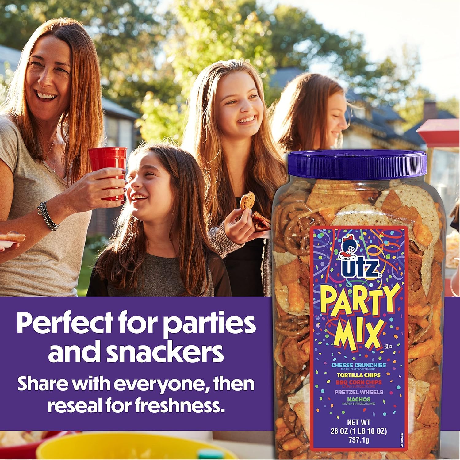 Utz Party Mix - Tasty Snack Mix Includes Corn Tortillas, Nacho Tortillas, Pretzels, BBQ Corn Chips and Cheese Curls, Cholesterol Free and Trans-Fat Free, 1.62 Pound (Pack of 1)