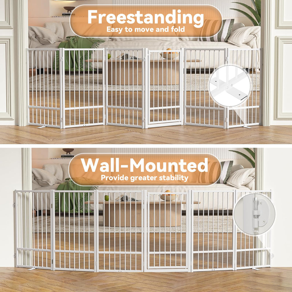 SNUOWU Full Metal Freestanding Dog Gate with Door, 24'' Height Foldable Pet Dog Fence for Indoor & Outdoor, 2 Panels Extra Wide Free Standing SmallDog Gates for Doorways,House,Stairs,Porch,Deck,Yard