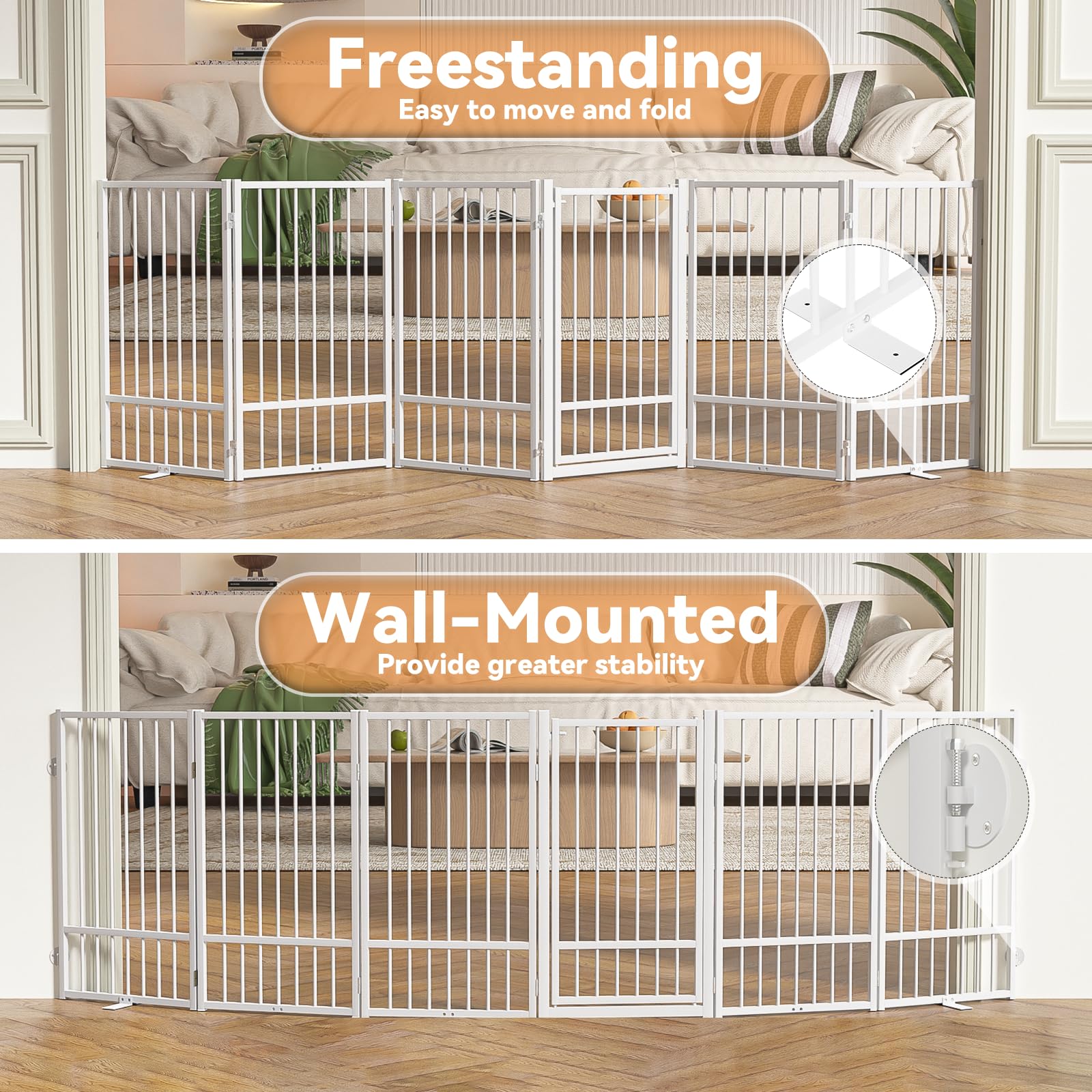 SNUOWU Full Metal Freestanding Dog Gate with Door, 24'' Height Foldable Pet Dog Fence for Indoor & Outdoor, 2 Panels Extra Wide Free Standing SmallDog Gates for Doorways,House,Stairs,Porch,Deck,Yard