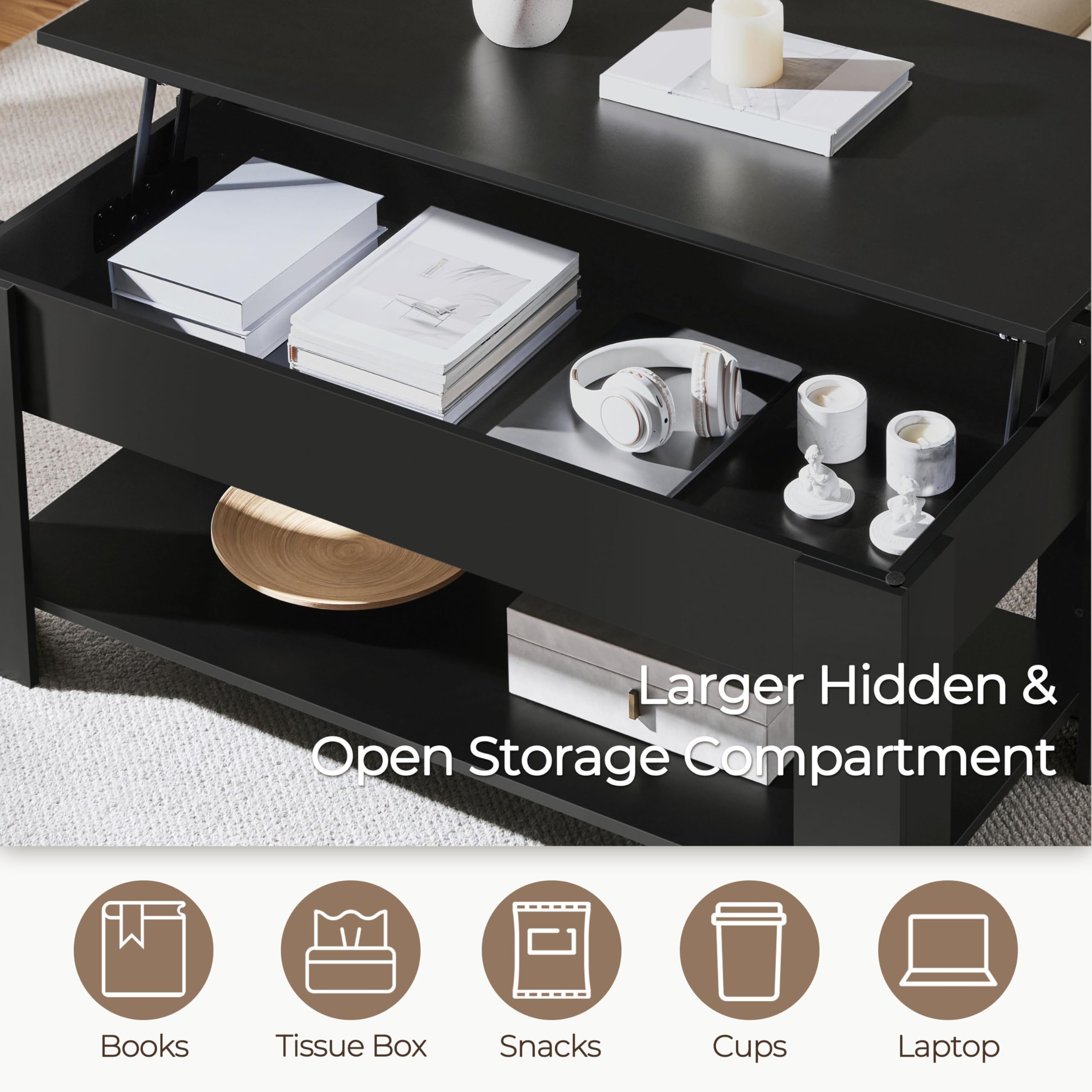 Yaheetech Wooden Coffee Table, Lift Top Coffee Table with Large Hidden Storage Shelf, Lift Tabletop Dining Tables for Living Room, Home Small Space, 38.6in, Black