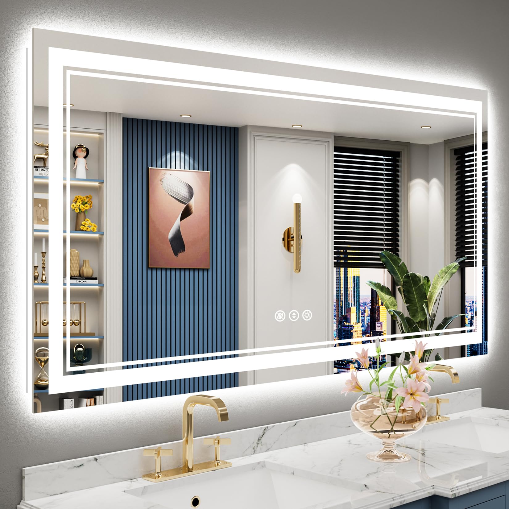 24x32 Black Framed LED Bathroom Mirror with Lights, Backlit and Front Lit Anti-Fog Lighted Vanity Mirrors for Bathroom Wall, Dimmable, 3 Colors, Memory, HD Tempered Glass, Horizontal/Vertical