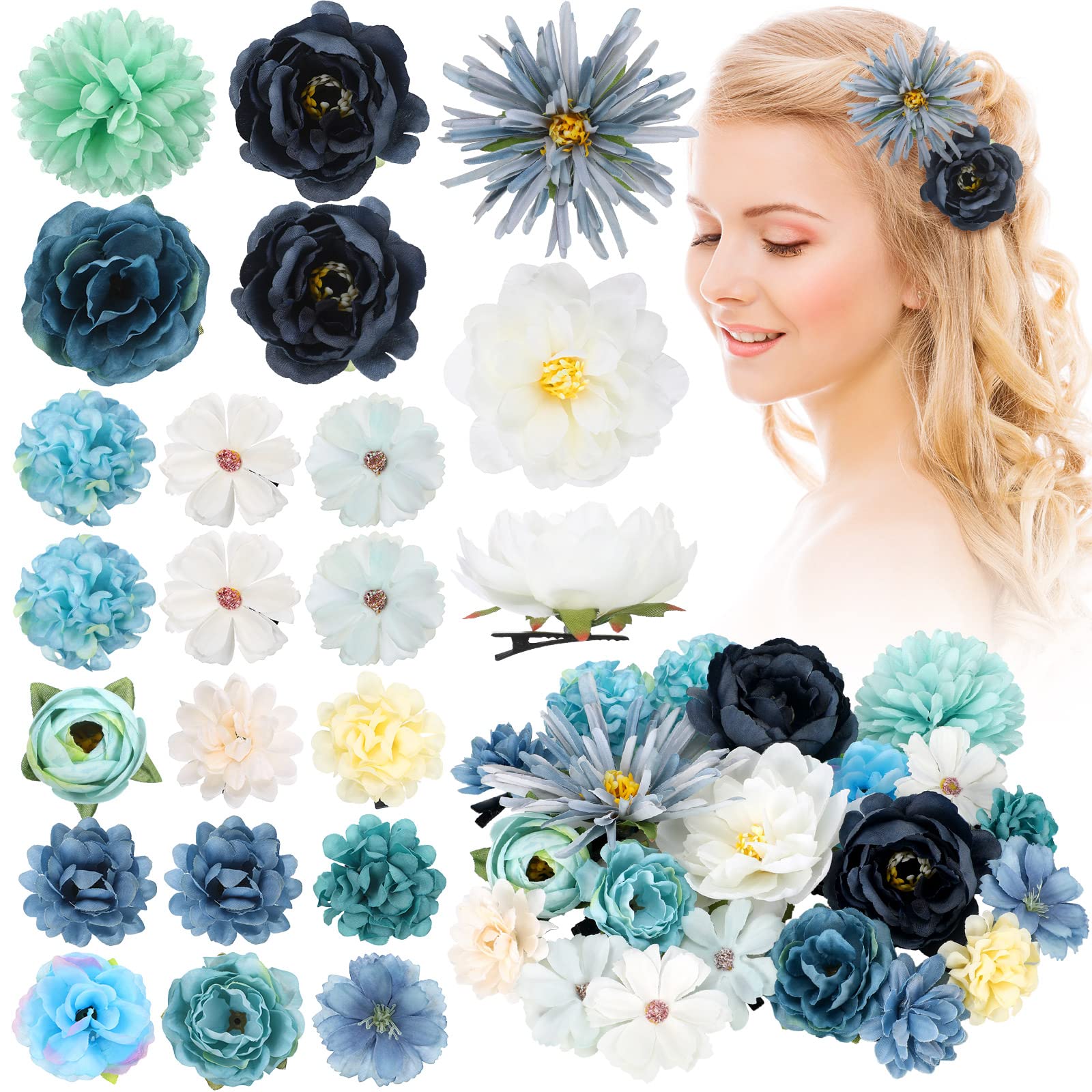 BBTO Flower Hair Clip Rose Hair Clips Barrettes for Women Flower Accessories Boho Bride Claw Clip Hairpin Brooch Pin Headpiece for Wedding(Beige Orange Series,21 Pcs)